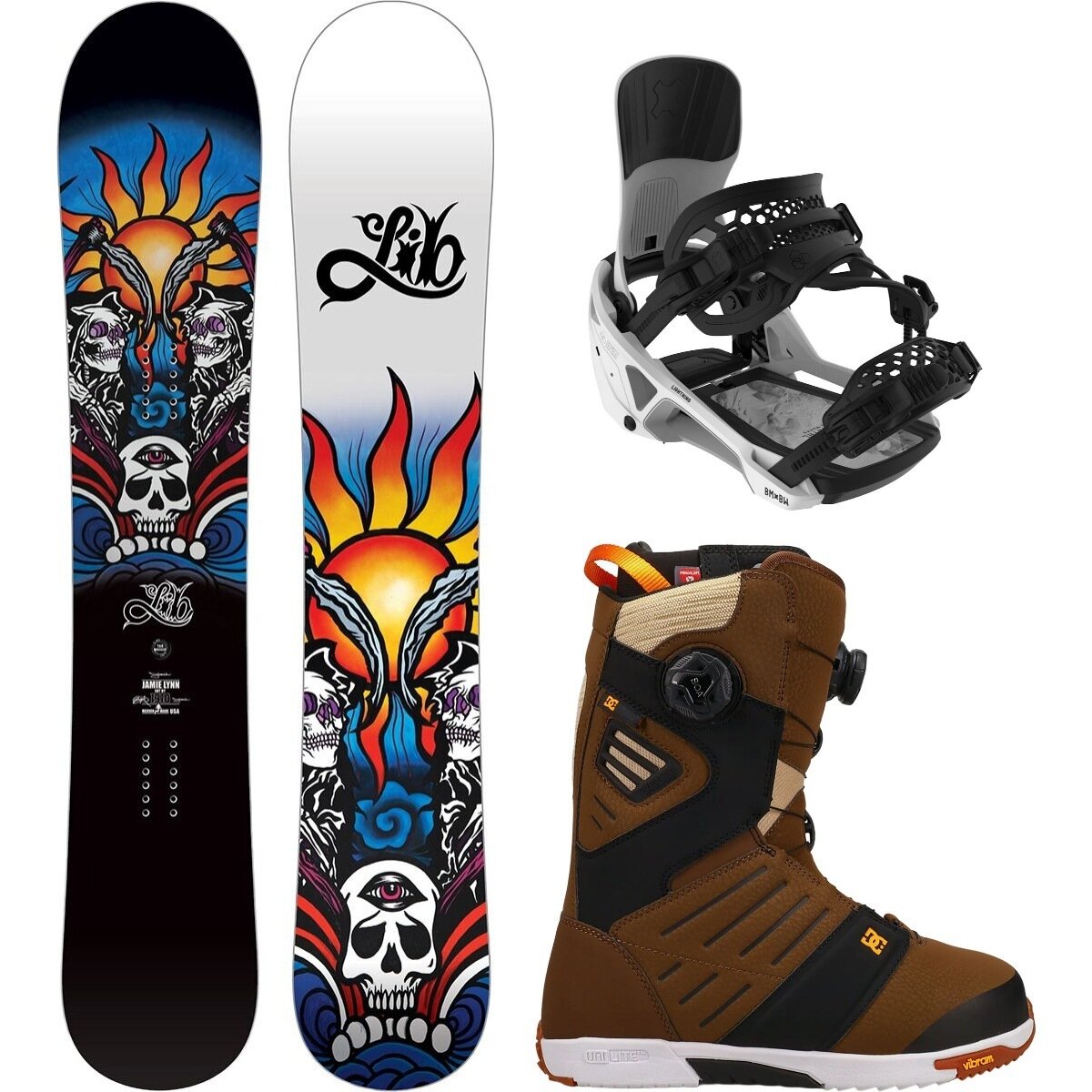 Image of Lib Technologies Jamie Lynn Snowboard + Lightning Binding + Judge Boot One Color/White/Brown/Tan/Orange, 156cm/L/11.0