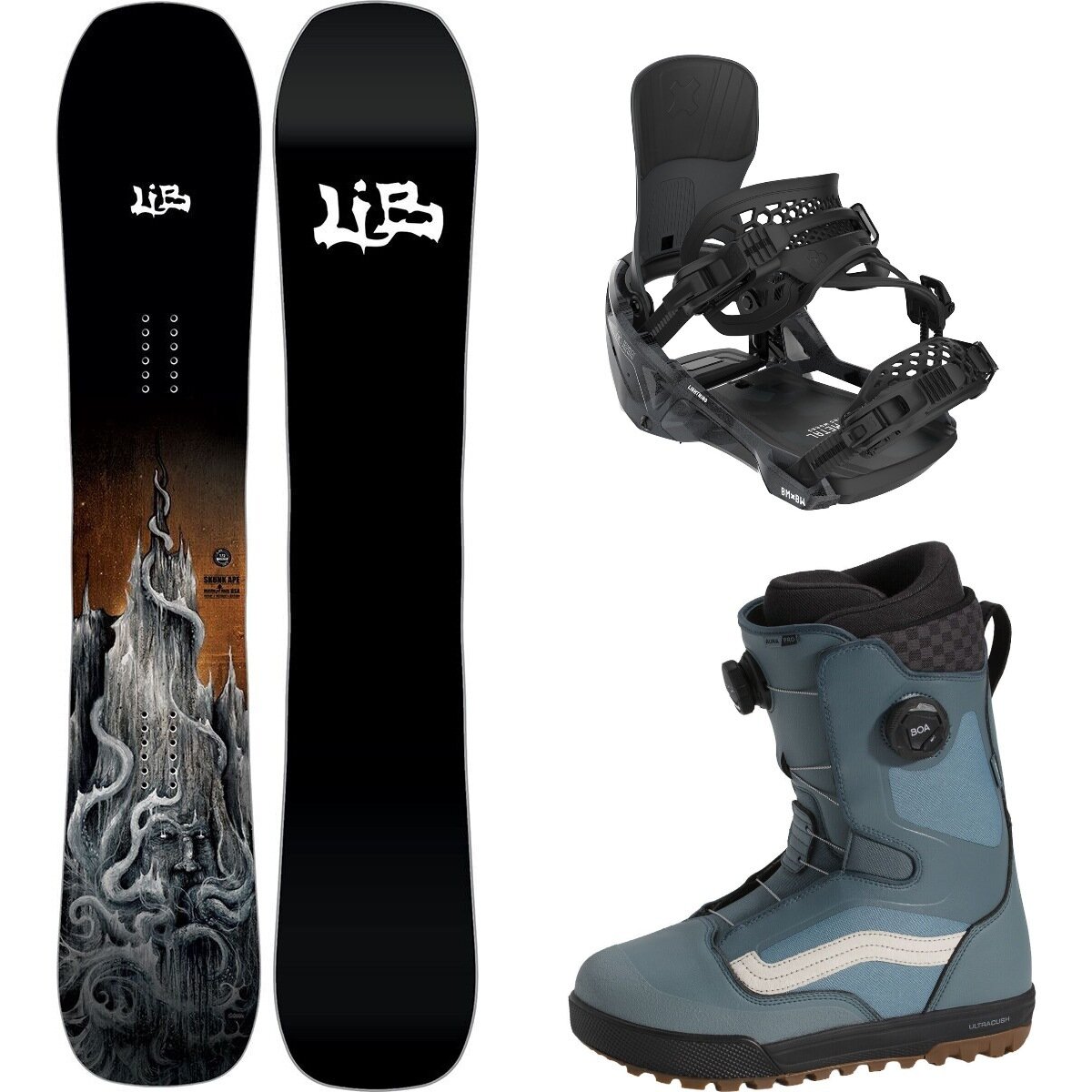 Image of Lib Technologies Skunk Ape Snowboard + Lightning Binding + Aura Pro Boot One Color/Black/Stormy Weather, 169cm Wide/L/11.5
