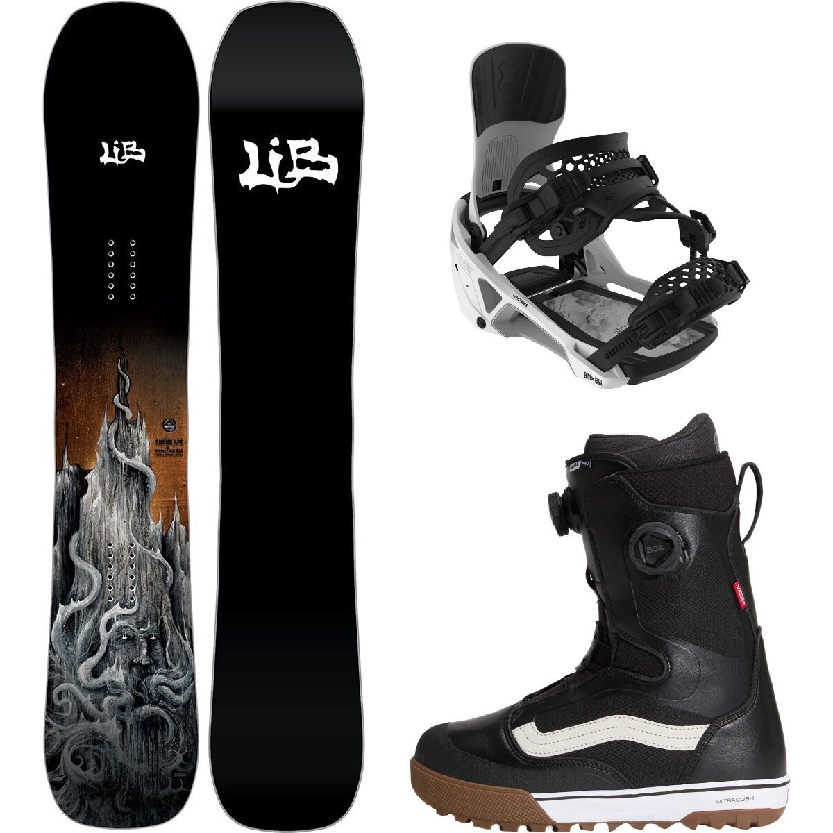 Image of Lib Technologies Skunk Ape Snowboard + Lightning Binding + Aura Pro Boot One Color/White/Black/White, 170Ucm Wide/M/8.0