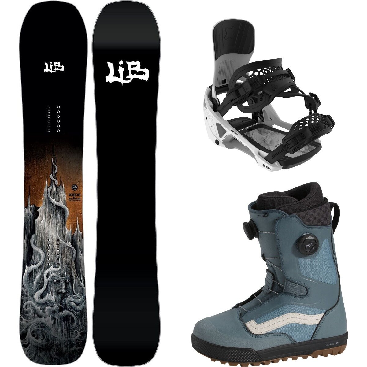 Image of Lib Technologies Skunk Ape Snowboard + Lightning Binding + Aura Pro Boot One Color/White/Stormy Weather, 157cm Wide/M/8.5