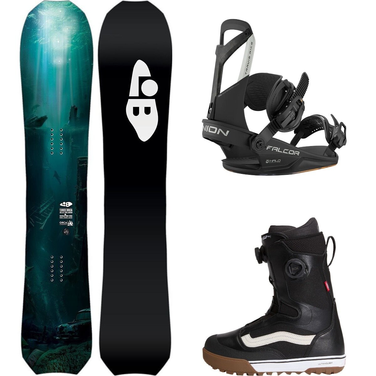 Image of Lib Technologies T.Rice Orca Snowboard + Union Falcor Binding + Aura Pro Boot One Color/Black/Black/White, 153cm/M/9.0