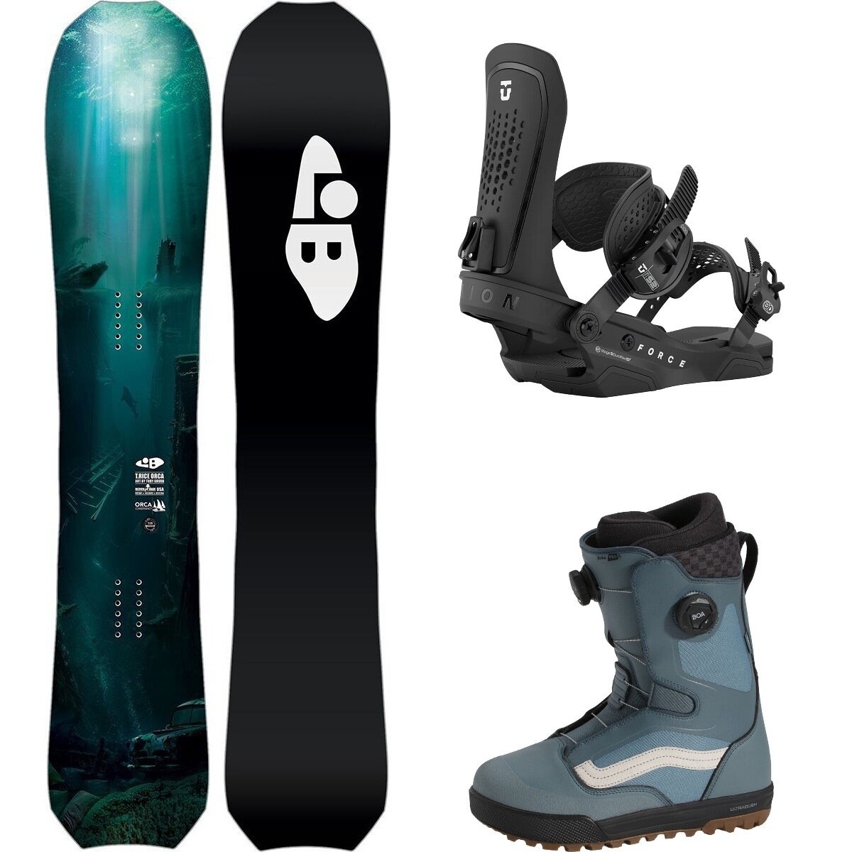 Image of Lib Technologies T.Rice Orca Snowboard + Union Falcor Binding + Aura Pro Boot One Color/Black/Stormy Weather, 159cm/L/11.0