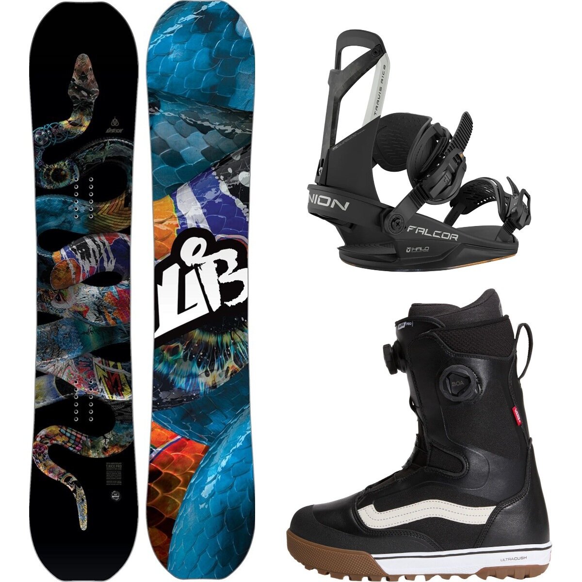 Image of Lib Technologies T.Rice Pro Snowboard + Union Falcor Binding + Aura Pro Boot One Color/Black/Black/White, 153cm/M/10.0