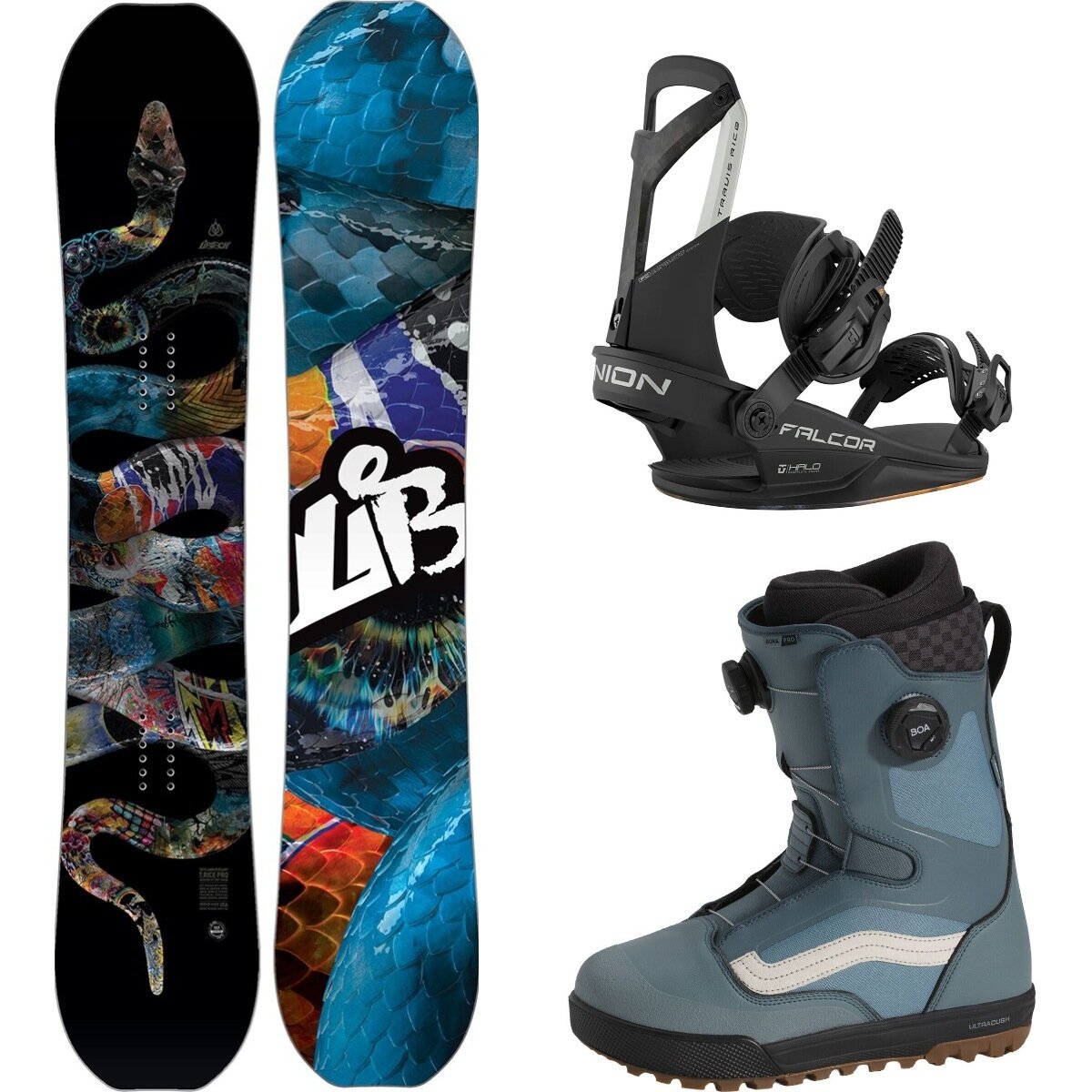 Image of Lib Technologies T.Rice Pro Snowboard + Union Falcor Binding + Aura Pro Boot One Color/Black/Stormy Weather, 159cm/M/9.5