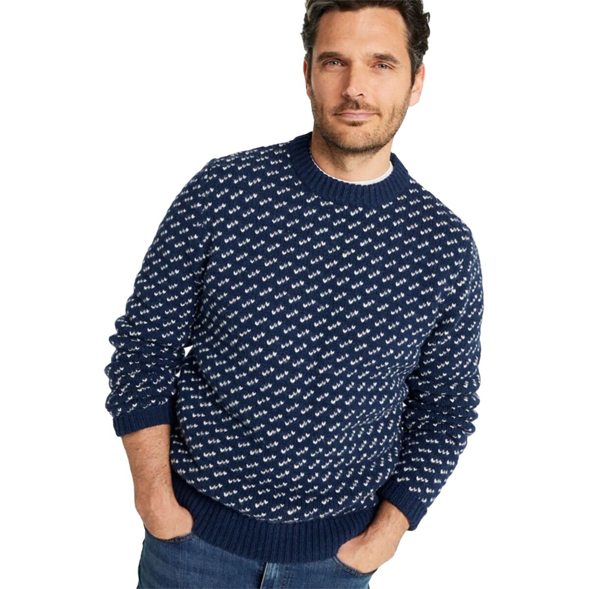 Image of L.L.Bean Bean's Classic Raggwool Birdseye Crew Sweater - Men's Classic Navy/Light Gray Heather, M