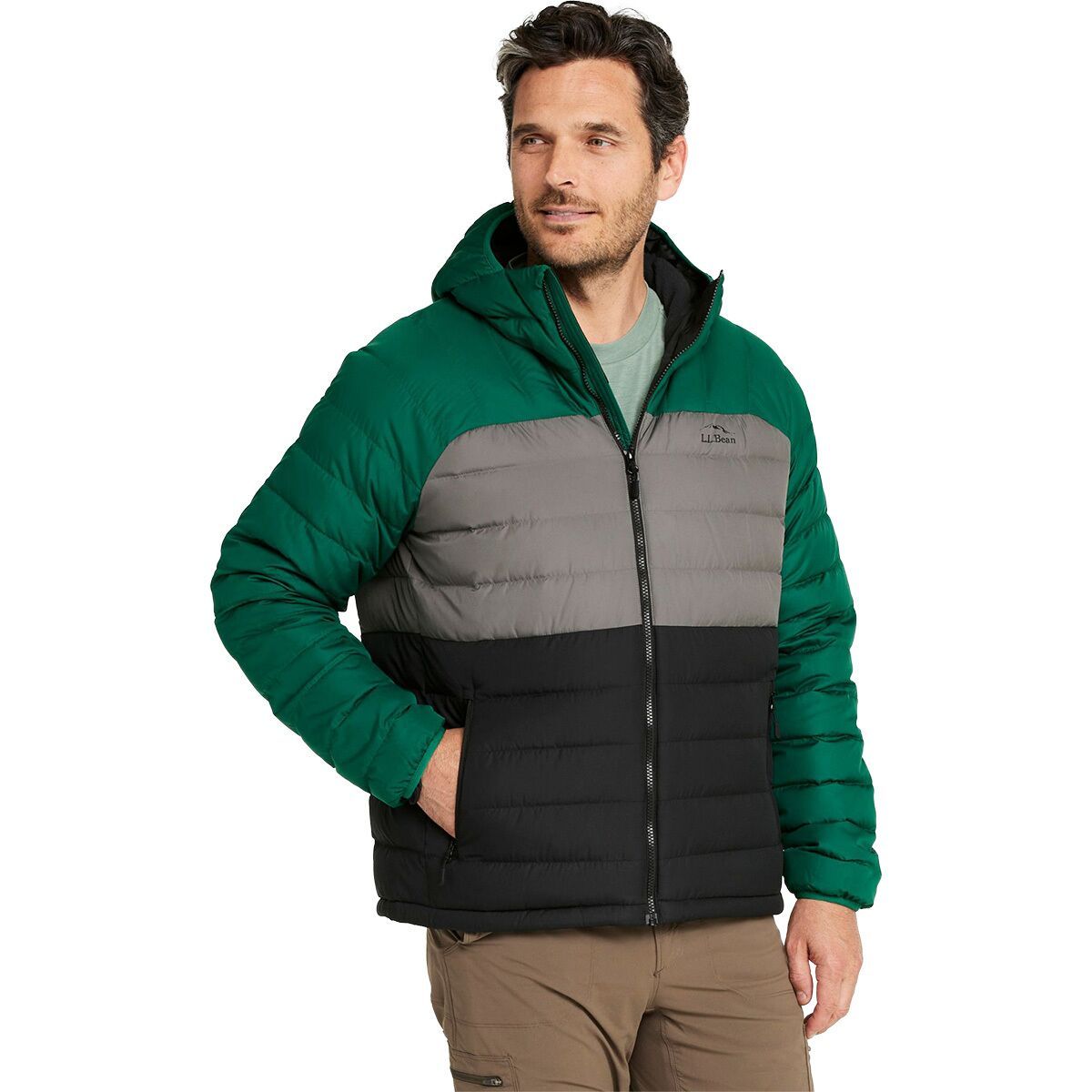 Image of L.L.Bean Bean's Colorblock Down Hooded Jacket - Men's Emerald Spruce/Black, M