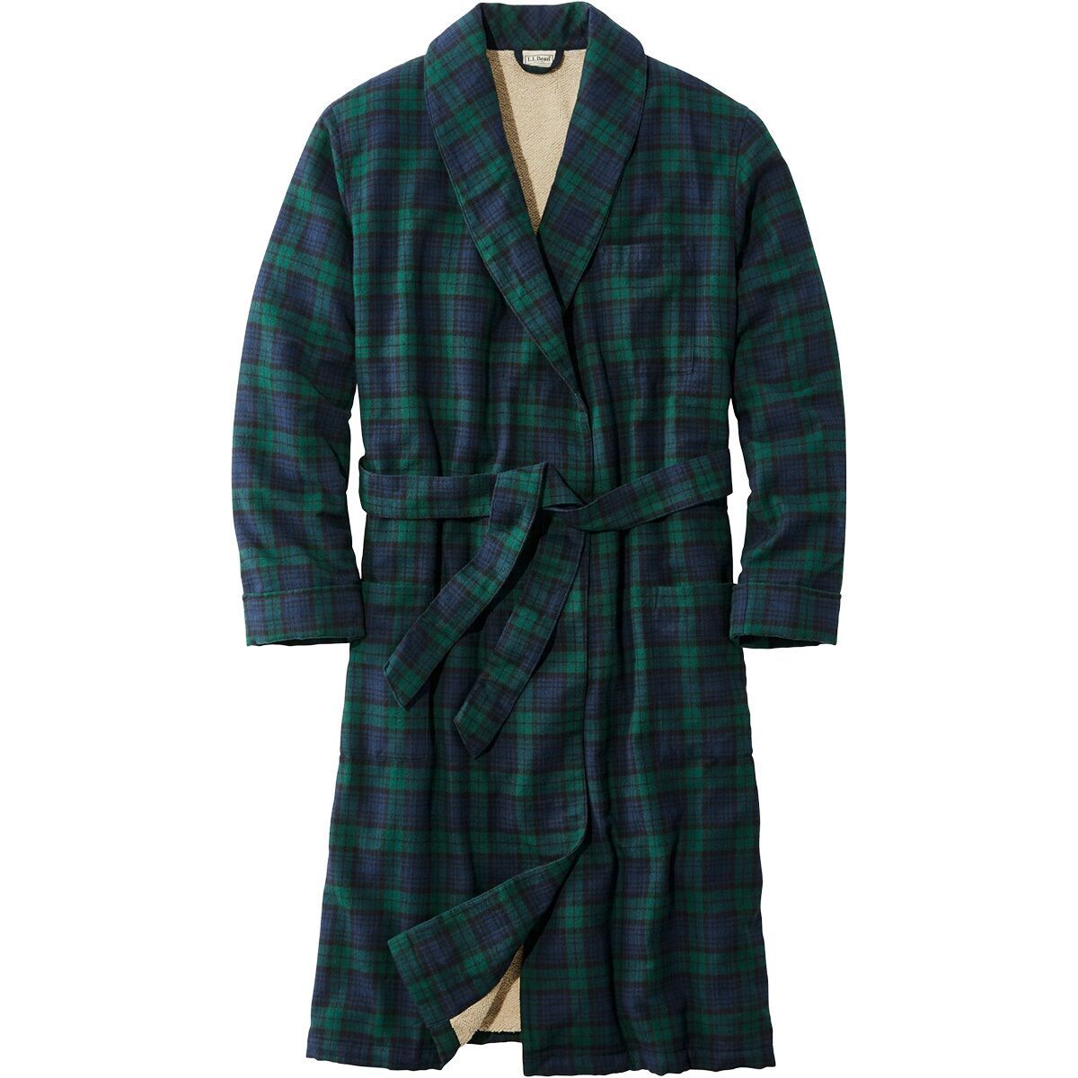 Image of L.L.Bean Scotch Plaid Flannel Sherpa Lined Robe - Men's Black Watch, S