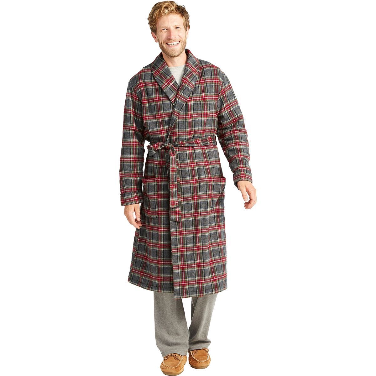Image of L.L.Bean Scotch Plaid Flannel Sherpa Lined Robe - Men's Grey Stewart, L