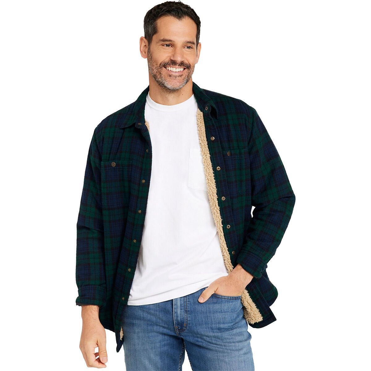Image of L.L.Bean Sherpa Lined Scotch Long-Sleeve Plaid Shirt - Men's Black Watch, M