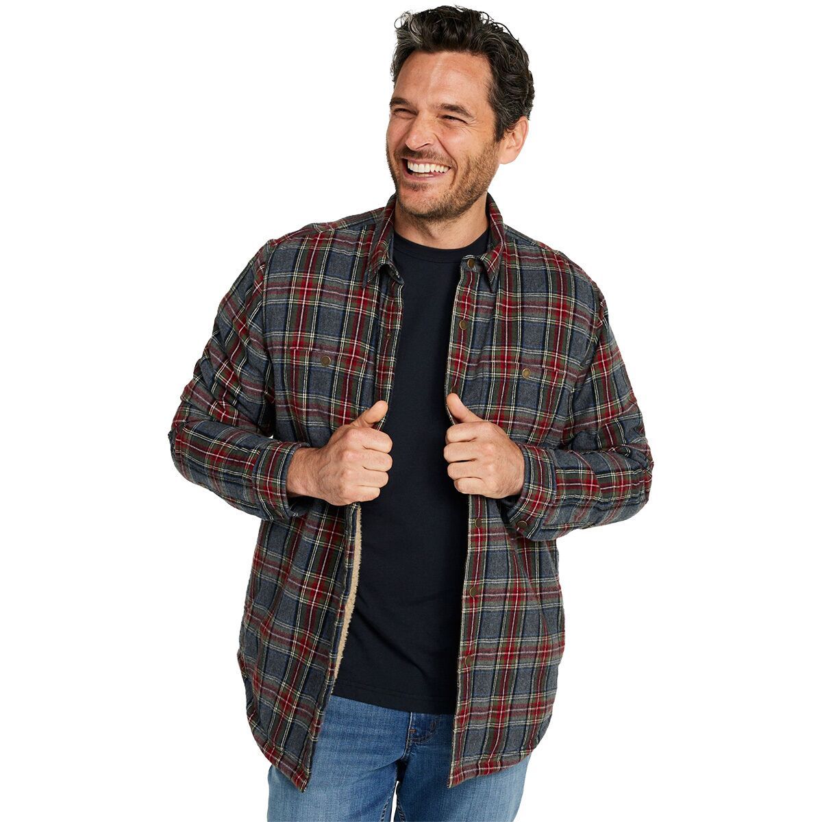 Image of L.L.Bean Sherpa Lined Scotch Long-Sleeve Plaid Shirt - Men's Grey Stewart, M