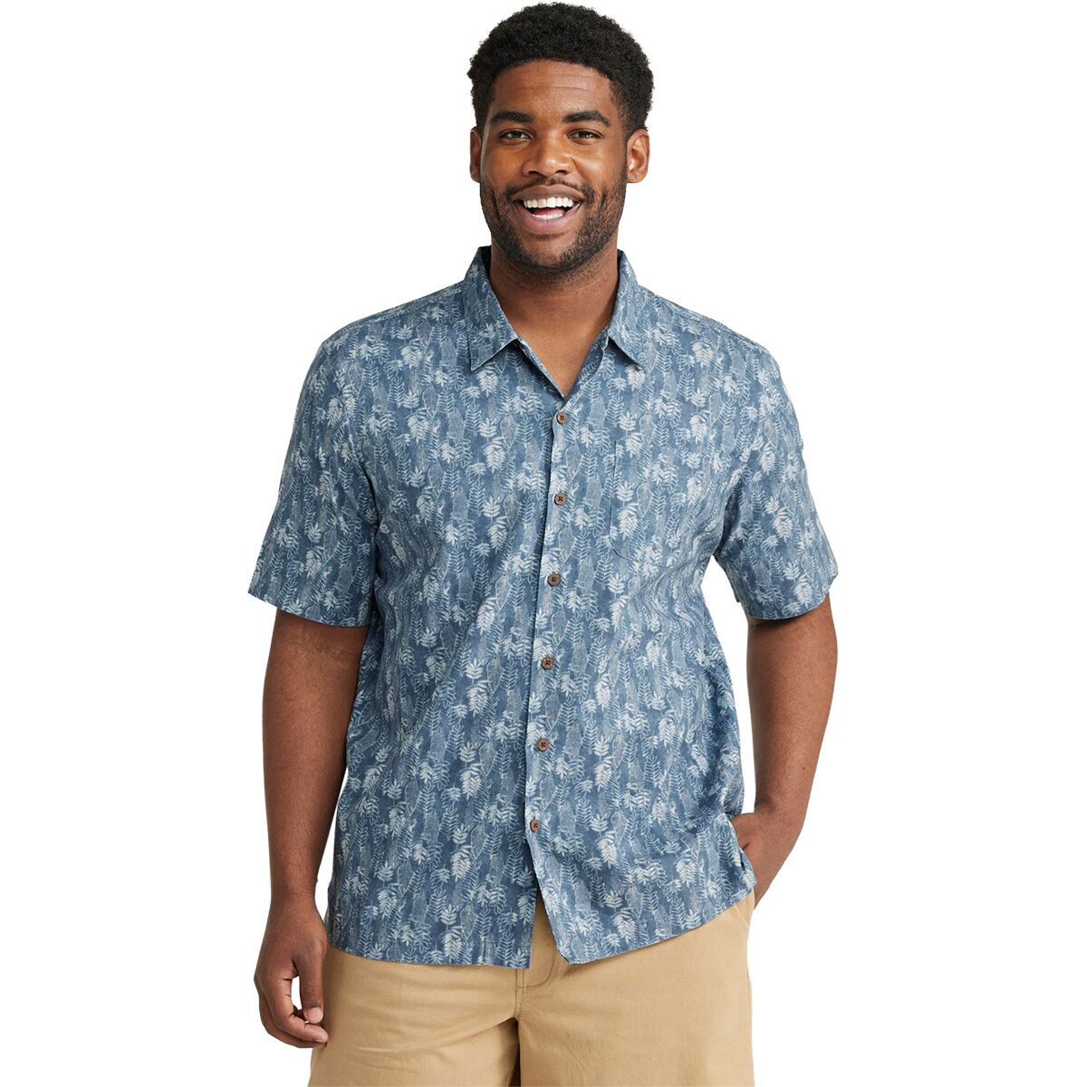 Image of L.L.Bean Tropics Traditional Fit Print SS Reg Shirt - Men's Storm Blue Leaves, M