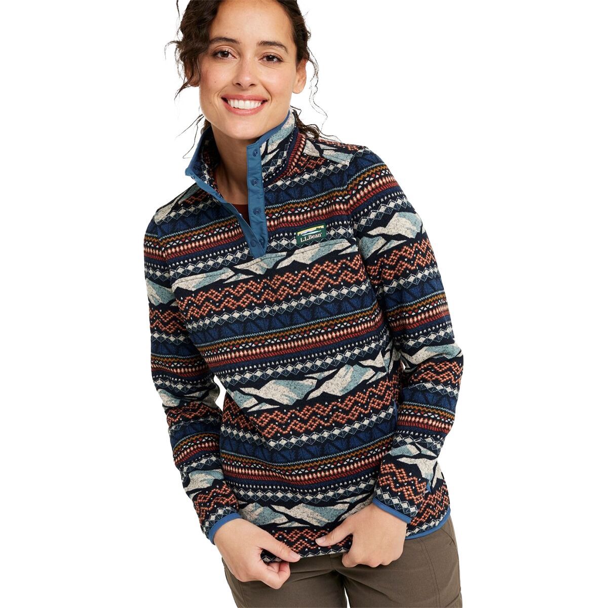 Image of L.L.Bean Bean's Sweater Fleece Print Pullover - Women's Carbon Navy Mountain FairIsle, XL