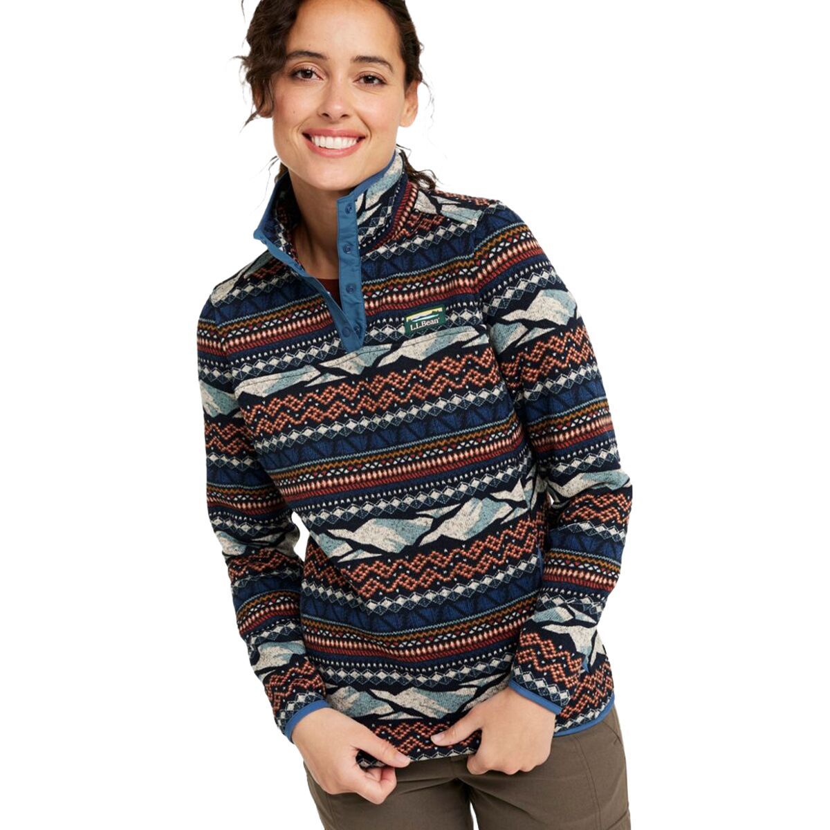 L.L.Bean Bean's Sweater Fleece Print Pullover - Women's Carbon Navy Mountain FairIsle, M