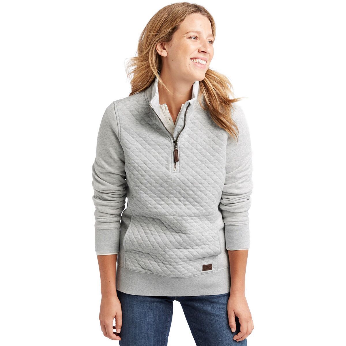 Image of L.L.Bean Quilted Long-Sleeve 1/4-Zip Pullover Sweatshirt - Women's Light Gray Heather, XS