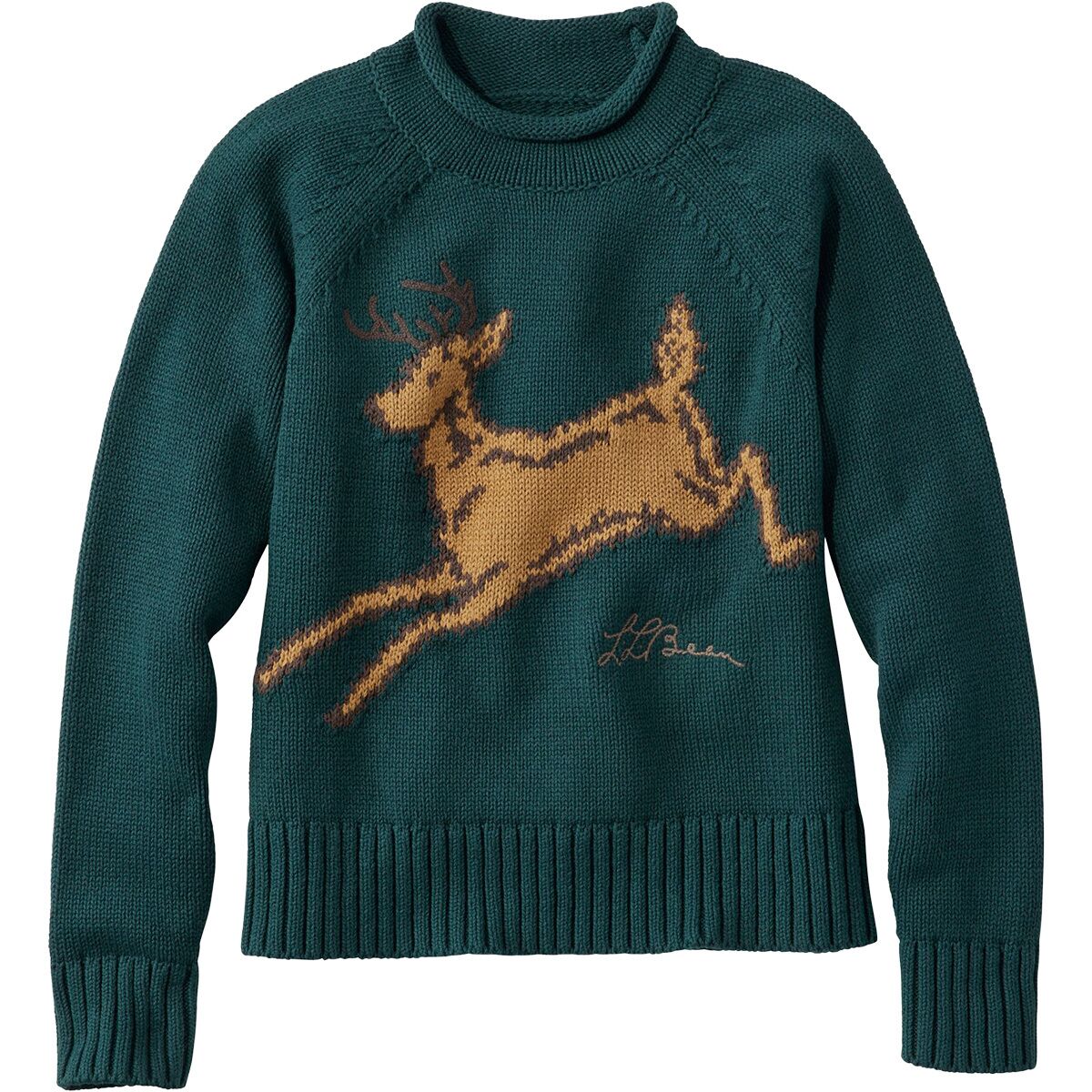 Image of L.L.Bean Signature Original Cotton Rollneck Sweater - Women's Deepest Green Deer, XS