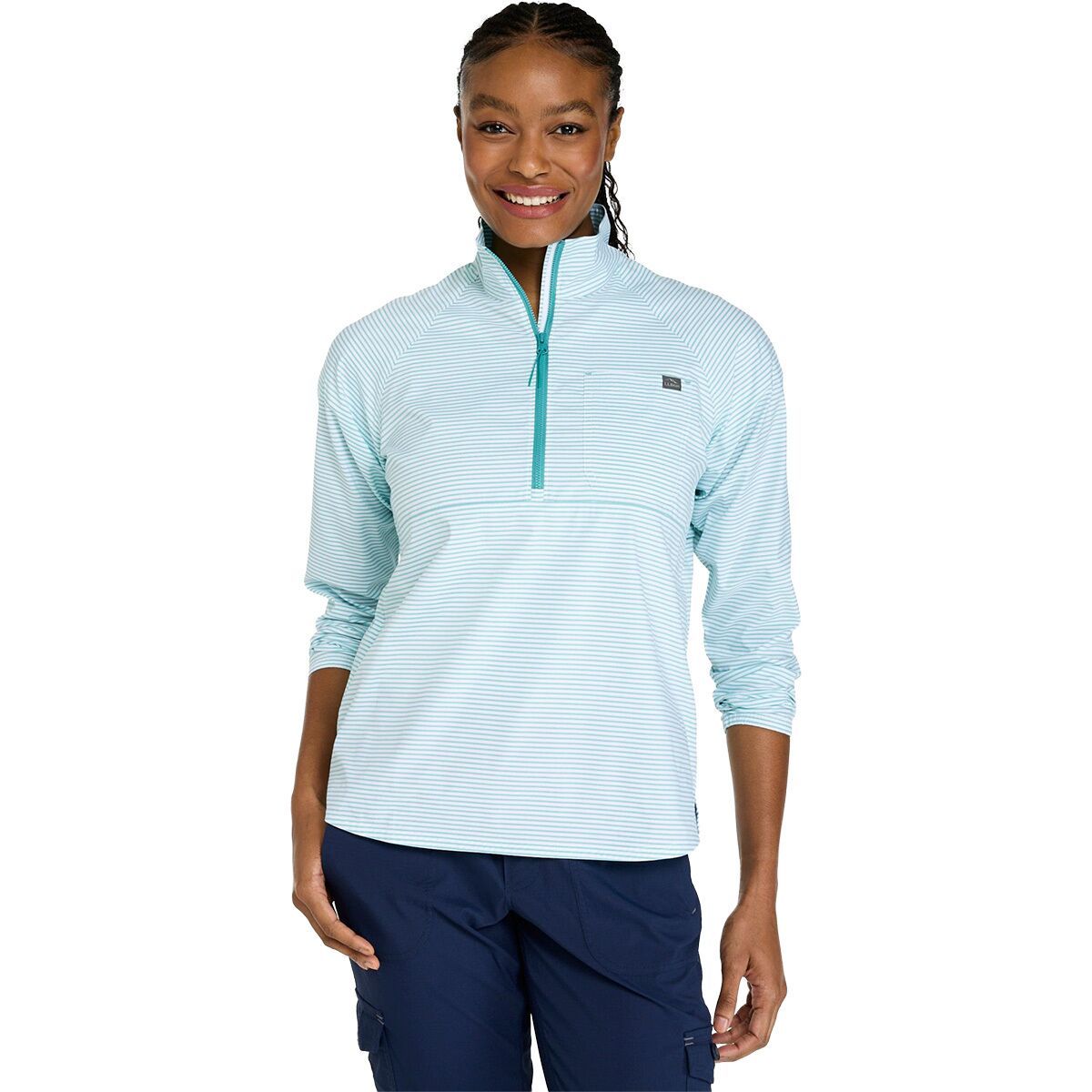 Image of L.L.Bean Everyday SunSmart 1/4-Zip Color Block Woven Shirt - Women's Gulf Teal Stripe, XL