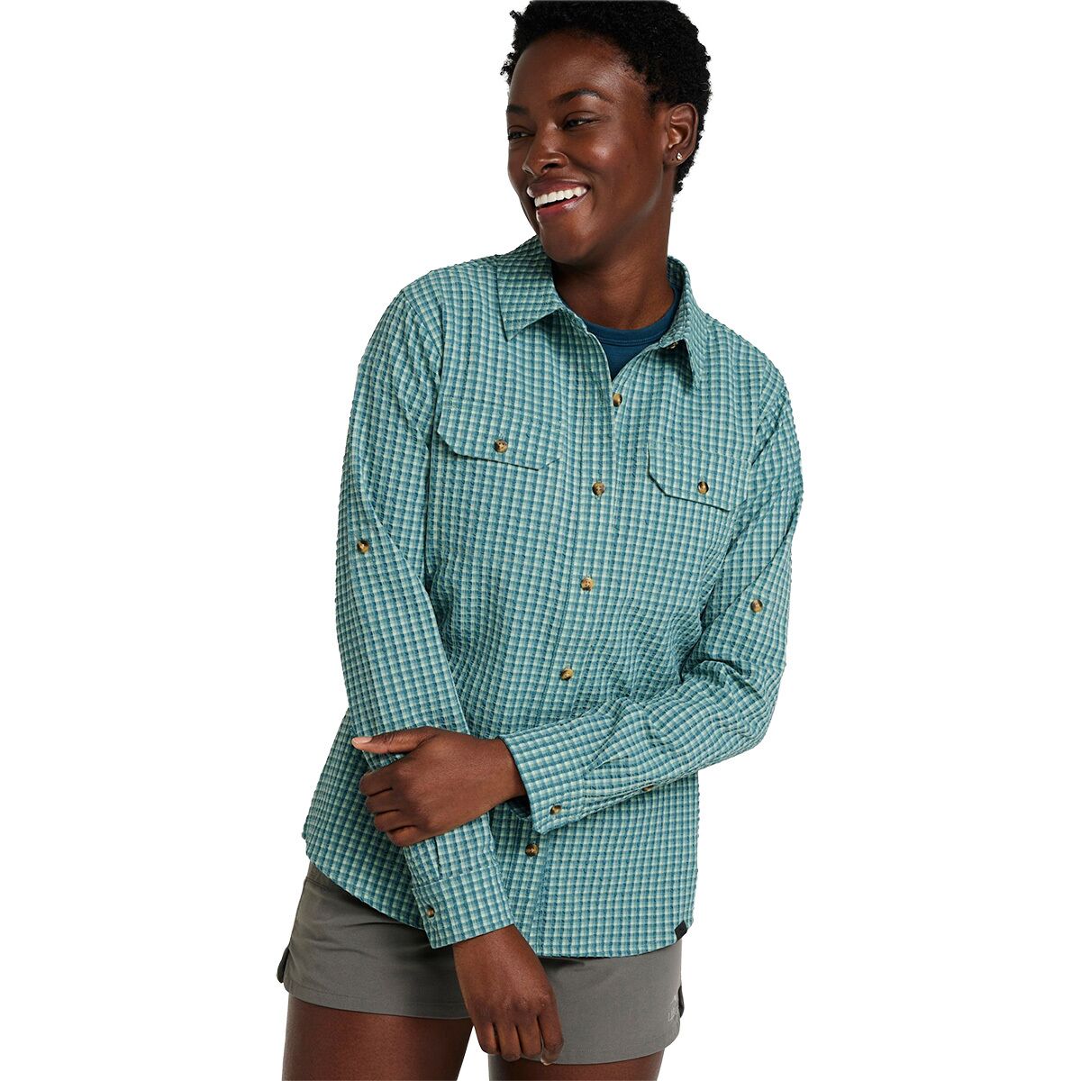 Image of L.L.Bean No Fly Zone Plaid Explorer Long-Sleeve Shirt - Women's Storm Teal, L