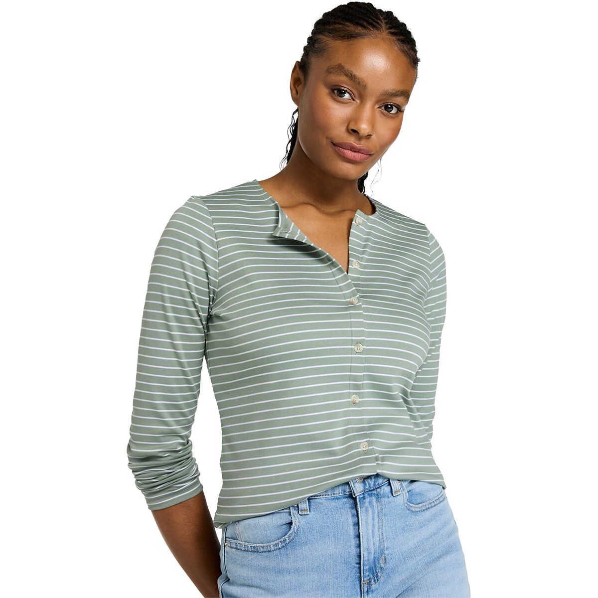 Image of L.L.Bean Pima Button Front Crewneck Stripe Cardigan - Women's Faded Sage/White, M