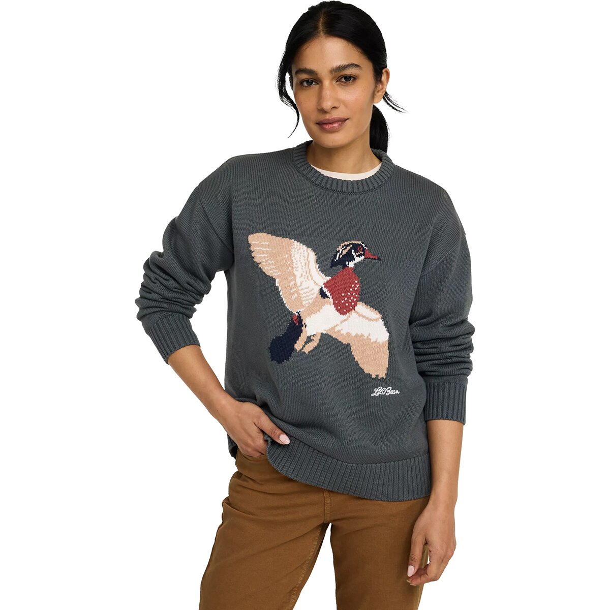 Image of L.L.Bean The Original Double L Crewneck Novelty Sweater - Women's Shadow Green Duck, XS
