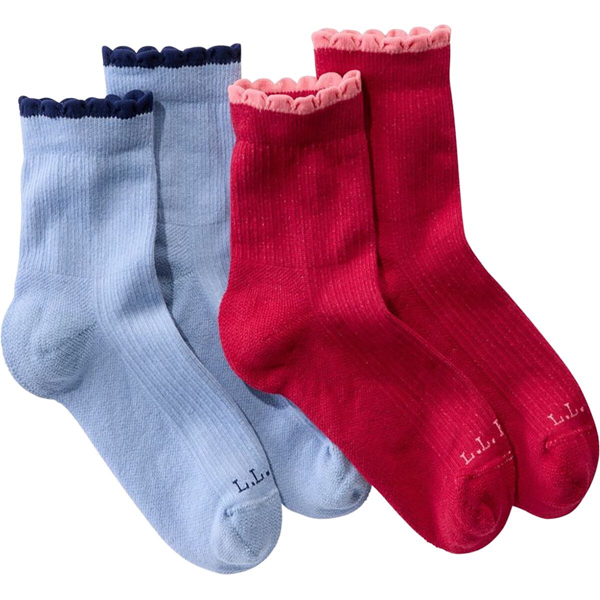 Image of L.L.Bean Scalloped Edge Micro Crew Sock - Women's - 2-Pack Pomegranate/Seaboard Blue, S