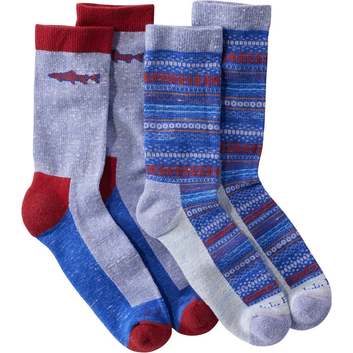 Image of L.L.Bean Wicked Soft Cotton Novelty Sock - 2-Pack Bright Mariner Trout / Fair Isle, XL