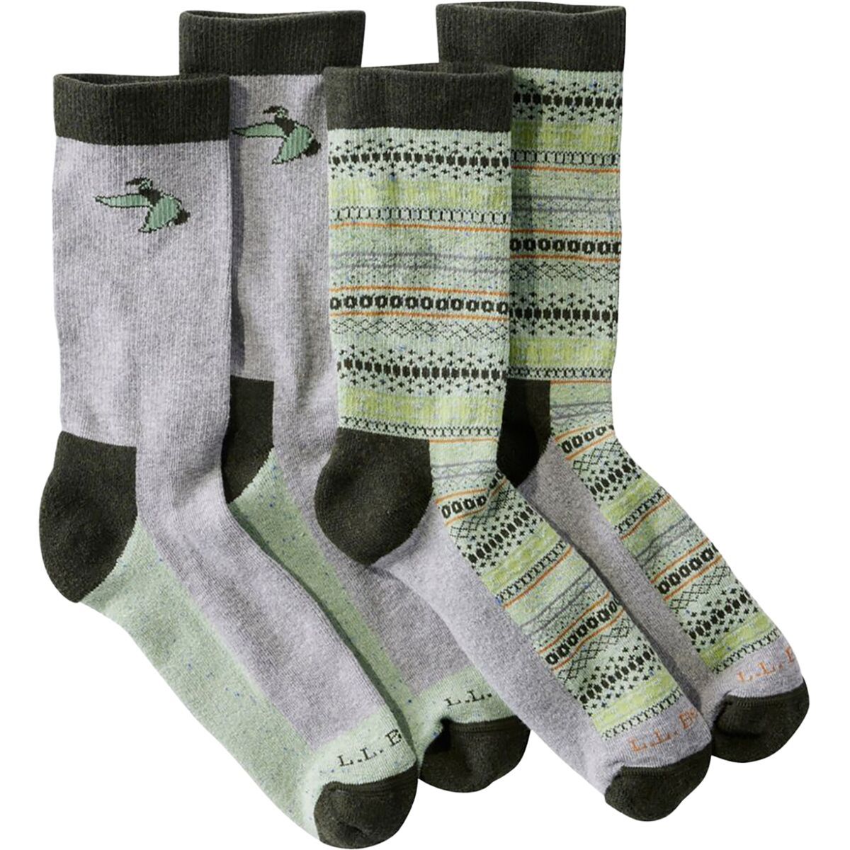 Image of L.L.Bean Wicked Soft Cotton Novelty Sock - 2-Pack Pewter Duck / Fair Isle, M