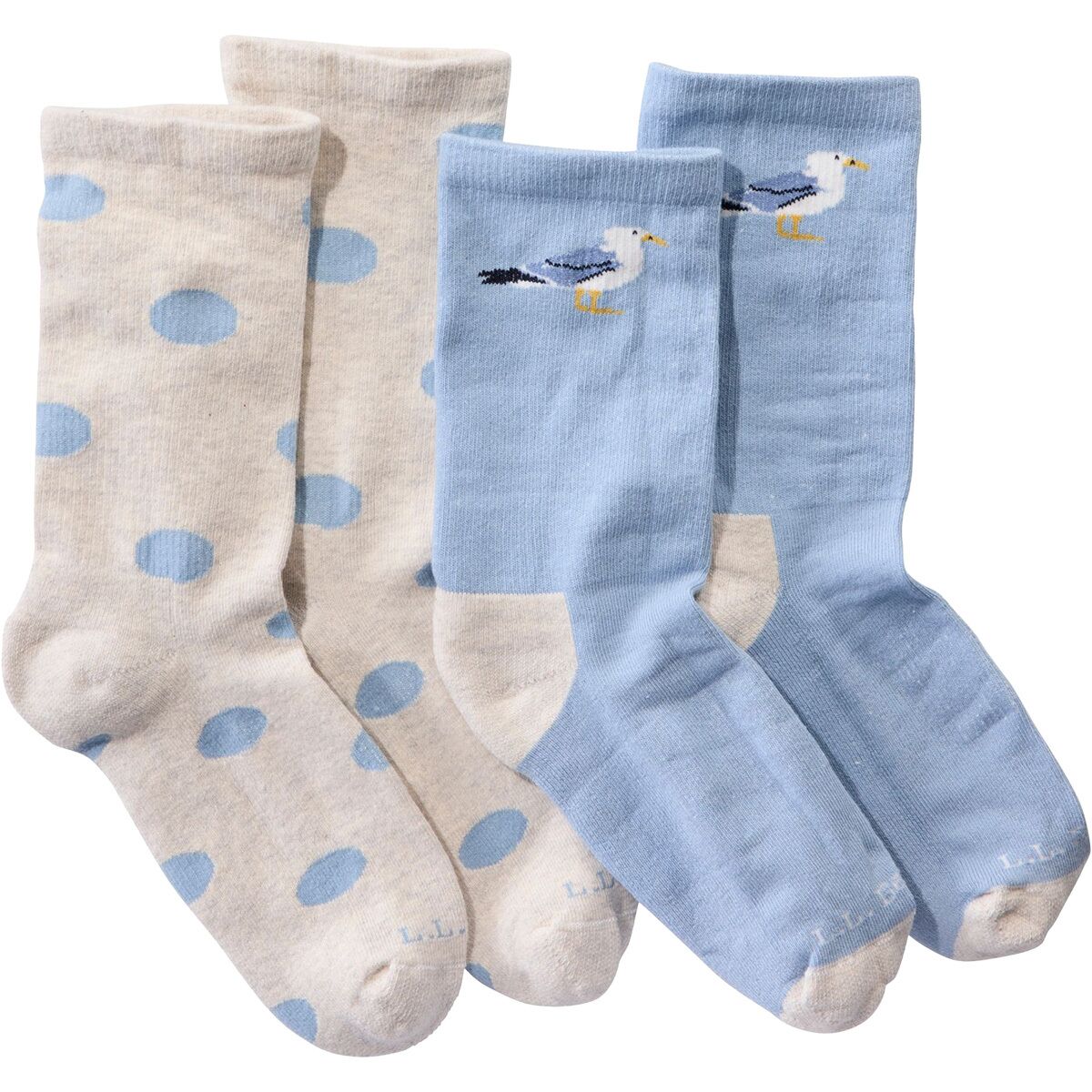 Image of L.L.Bean Wicked Soft Cotton Novelty Sock - 2-Pack Sea Salt Polka Dot/Seaboard Blue Seagull, S