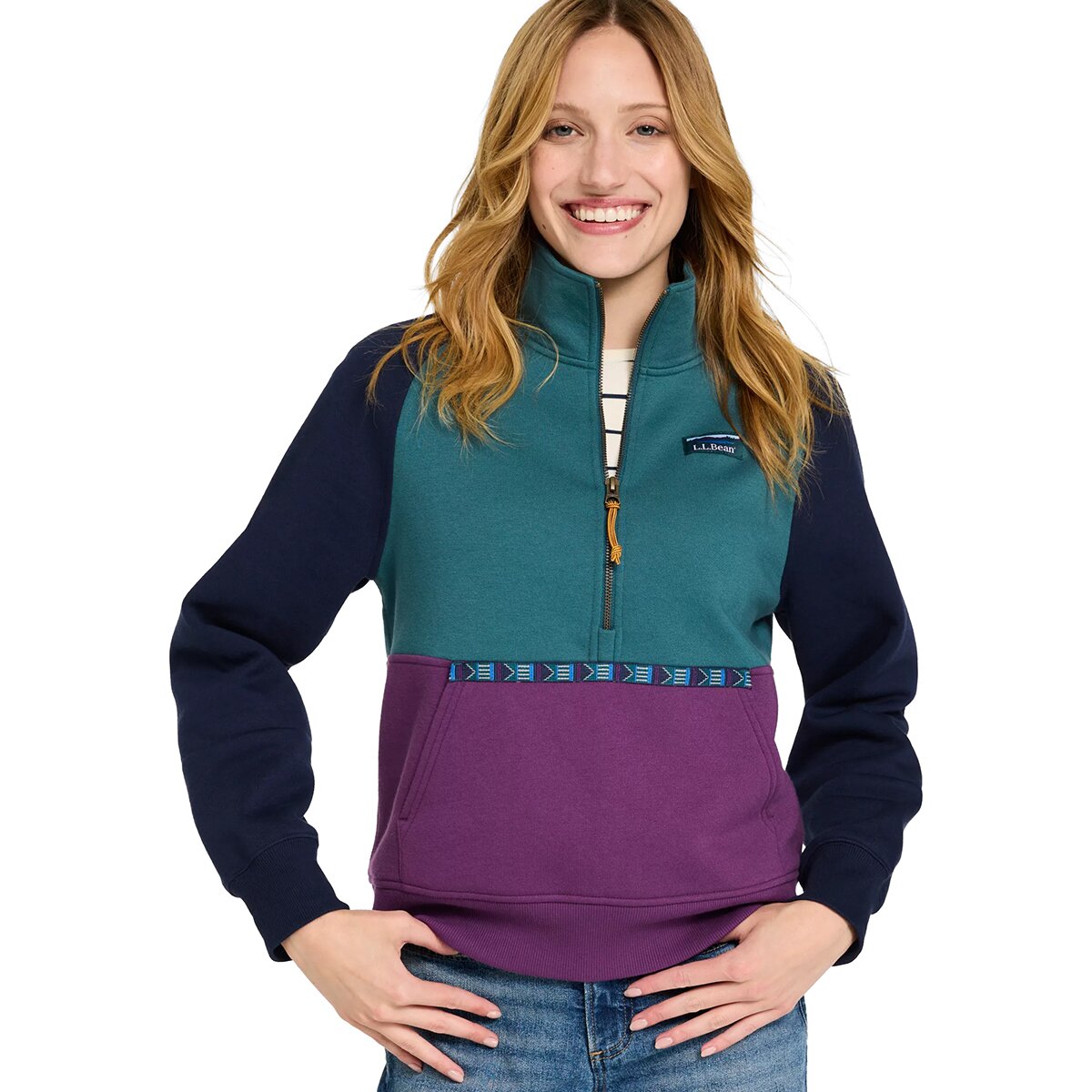 Image of L.L.Bean Mountain Classic Color Block 1/2-Zip Sweatshirt - Women's Classic Navy/Shade Teal/Wood Violet, M