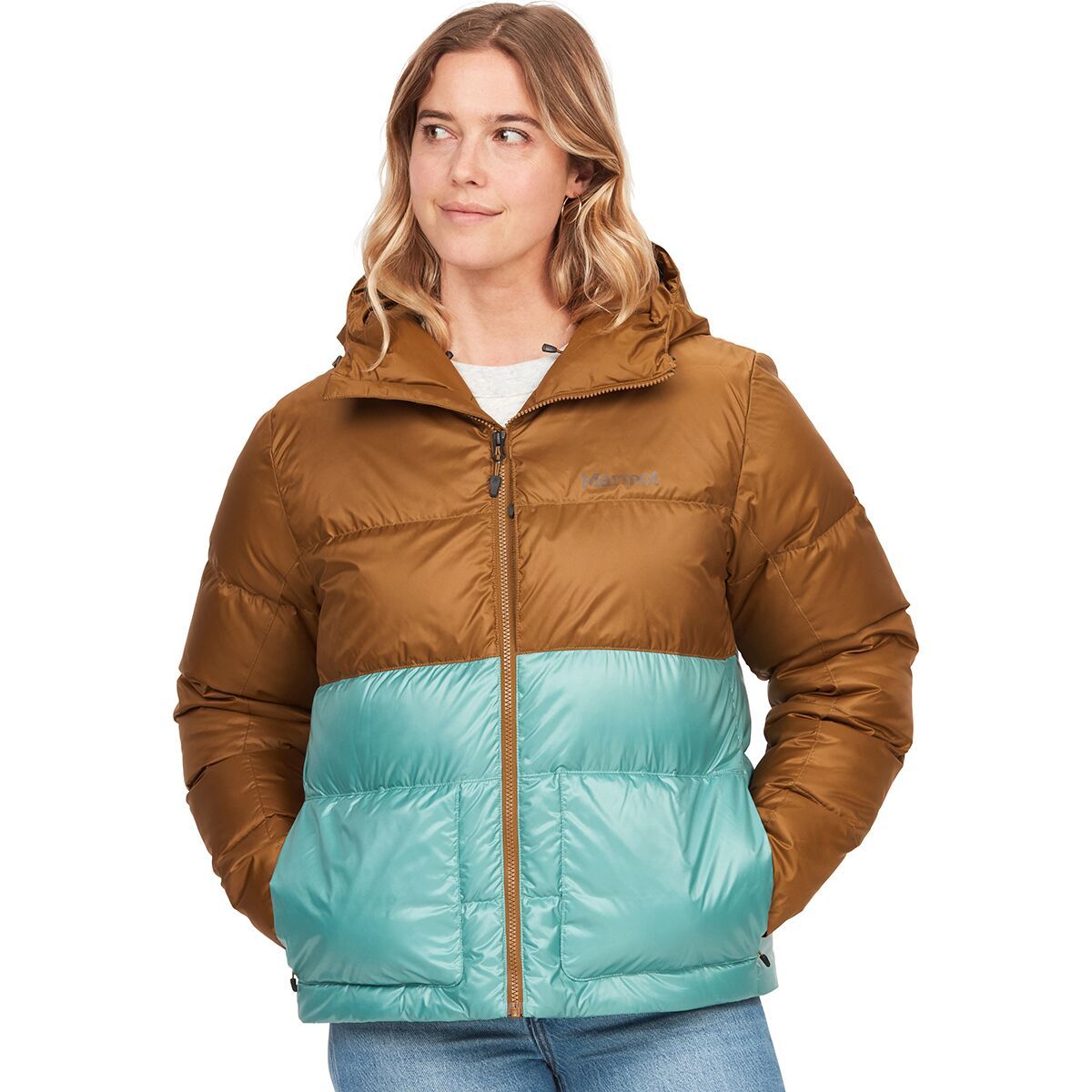 Marmot Guides Down Hooded Jacket - Women's Hazel/Blue Agave, M