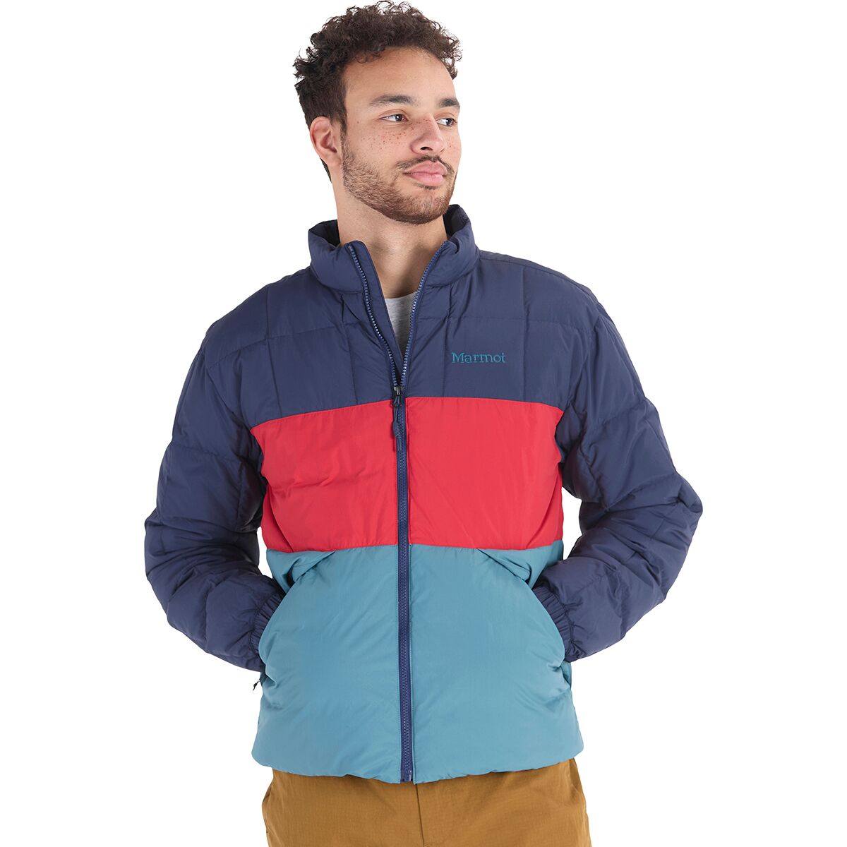 Image of Marmot Ares Down Jacket - Men's Arctic Navy/Team Red/Moon River, XXL