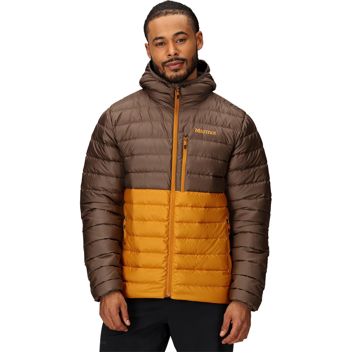 Image of Marmot Highlander Down Hooded Jacket - Men's Claystone/Honey Glaze, S