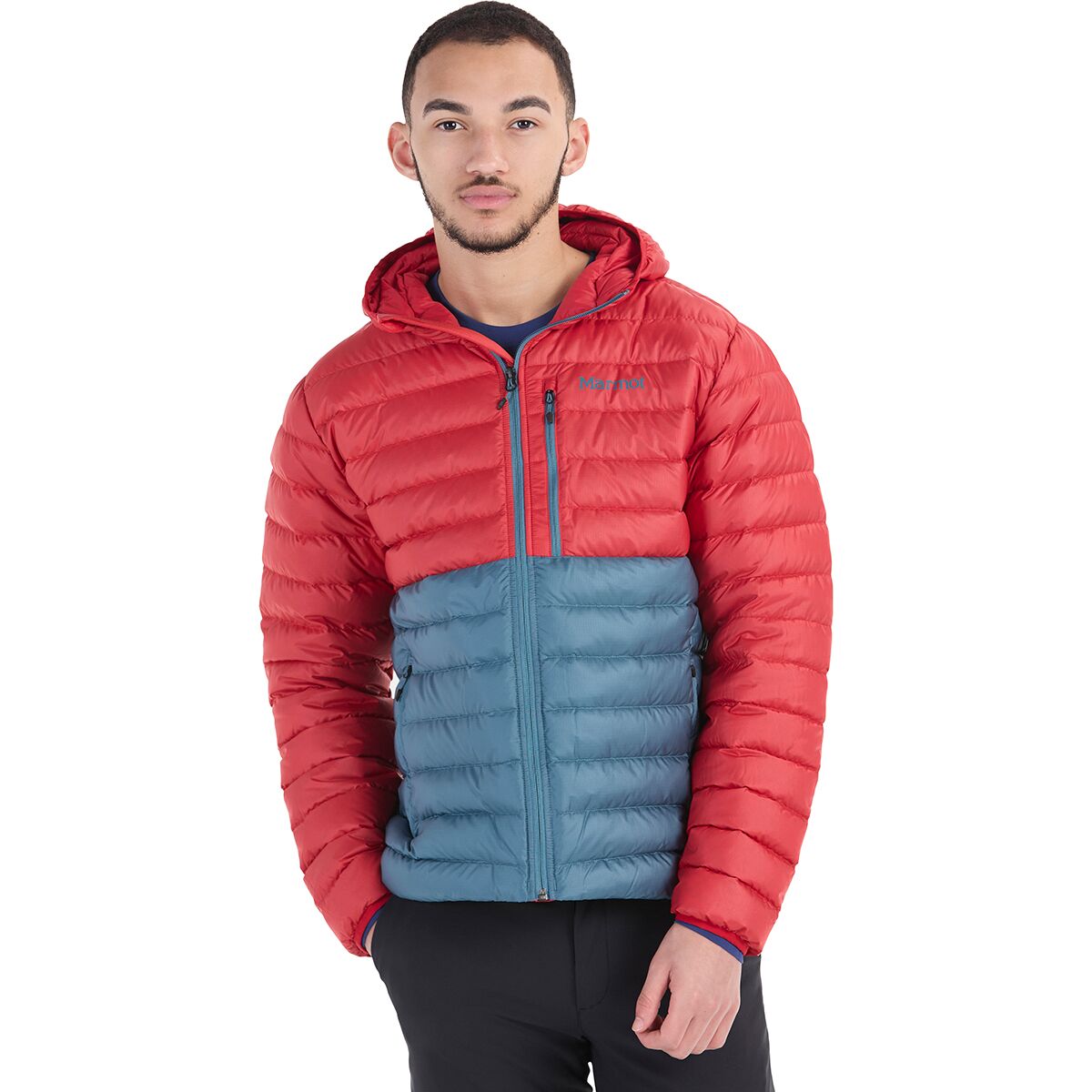 Image of Marmot Highlander Down Hooded Jacket - Men's Team Red/Moon River, L