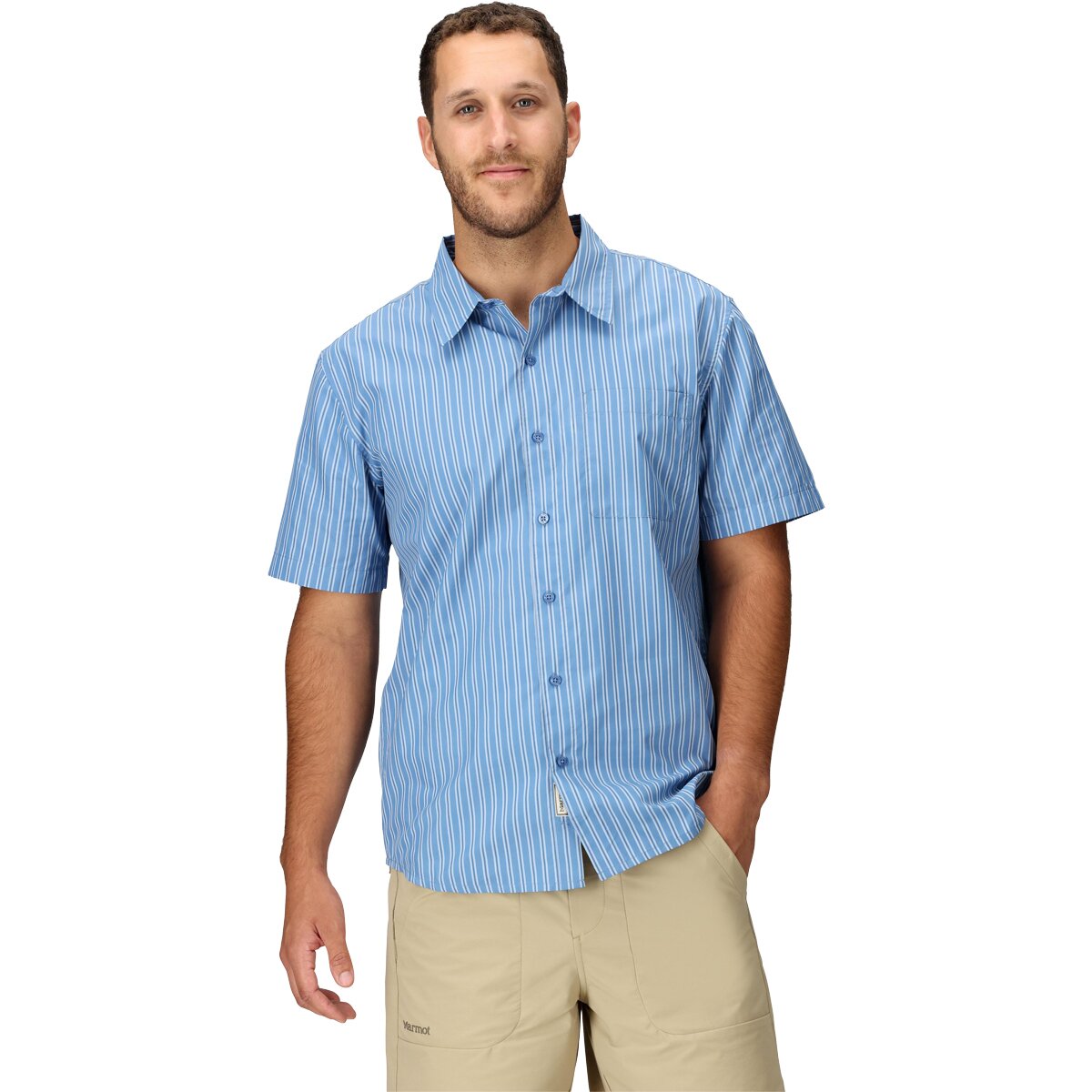 Image of Marmot AirExchange SolarShield Novelty Short-Sleeve Shirt - Men's Rain Cloud Tomales Stripe, XL