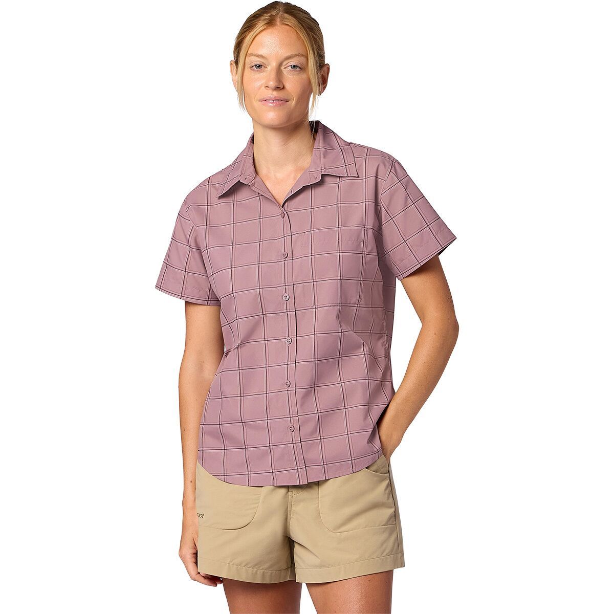 Image of Marmot AirExchange Novelty Short-Sleeve Shirt - Women's Light Mauve Off The Grid Plaid, XL