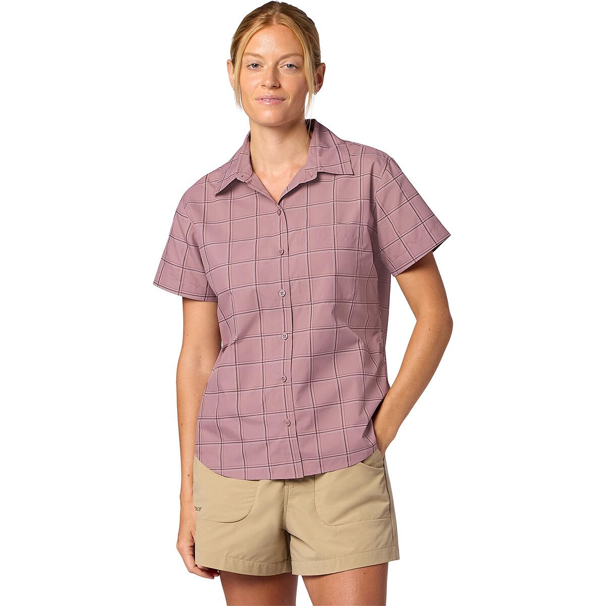 Image of Marmot AirExchange Novelty Short-Sleeve Shirt - Women's Light Mauve Off The Grid Plaid, S