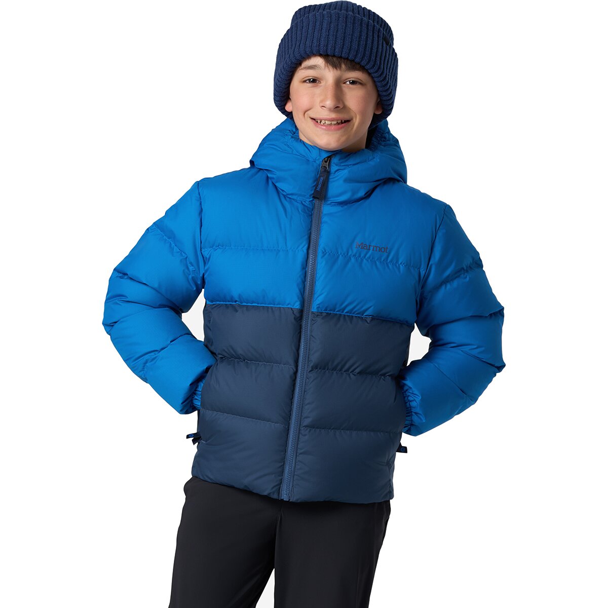 Image of Marmot Guides Down Hooded Jacket - Kids' Velvet Blue/Nightfall Navy, S