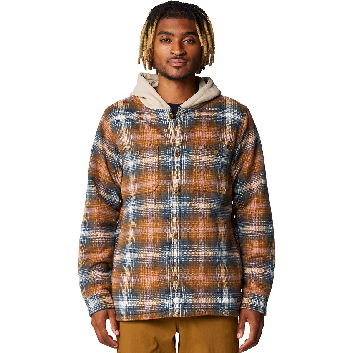 Image of Mountain Hardwear Plusher Microchill Lined Shirt - Men's Golden Brown Ombre Buffalo Check Print, S