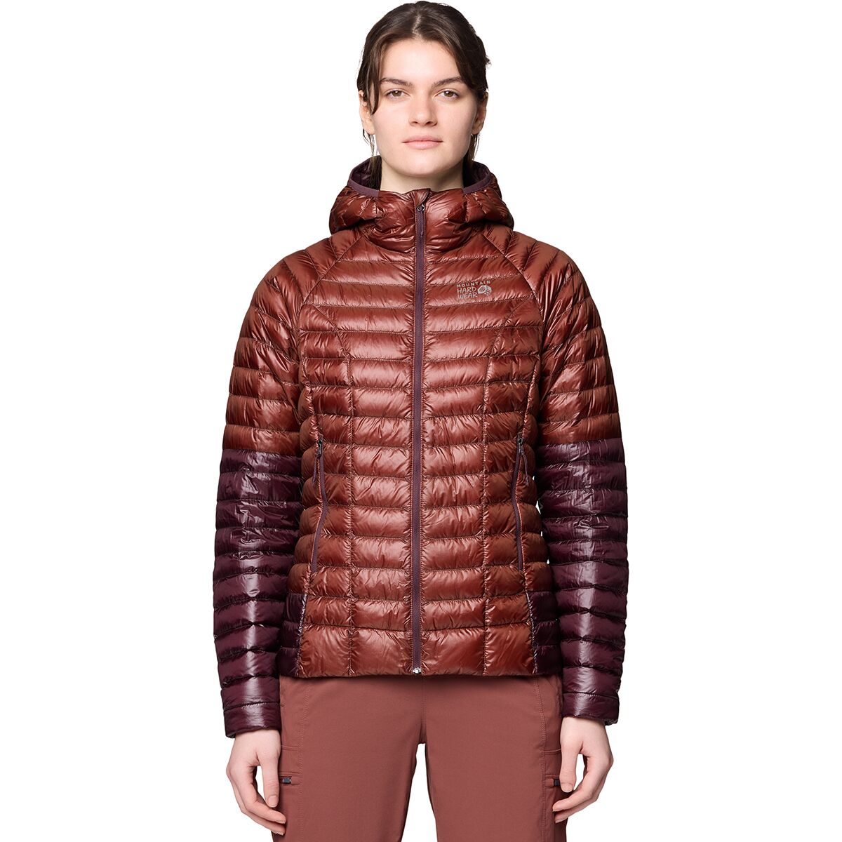 Image of Mountain Hardwear Ghost Whisperer Hooded Down Jacket - Women's Bourbon Brown/Blackberry, S