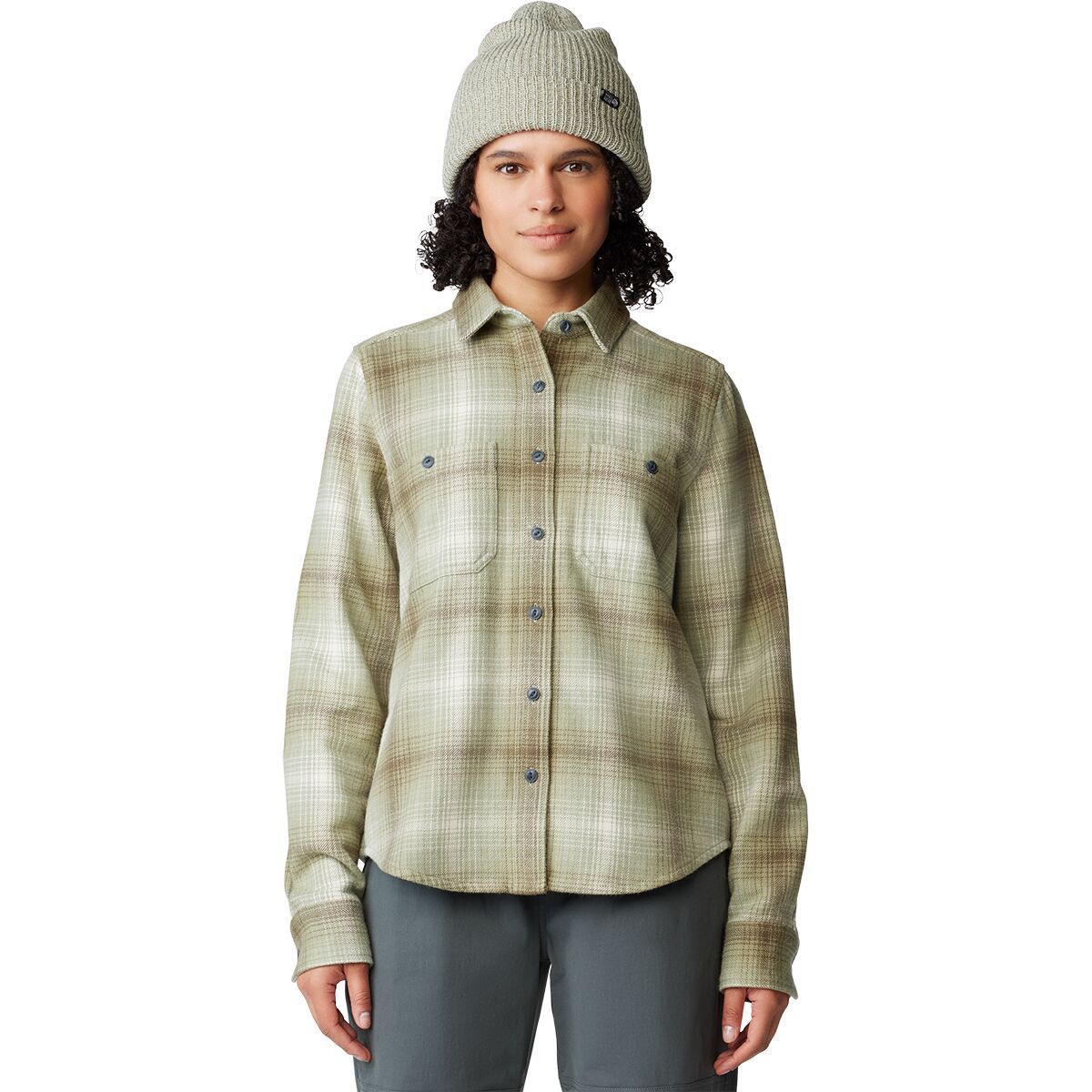 Image of Mountain Hardwear Plusher Long-Sleeve Shirt - Women's White Sage Ombre Buffalo Check, M