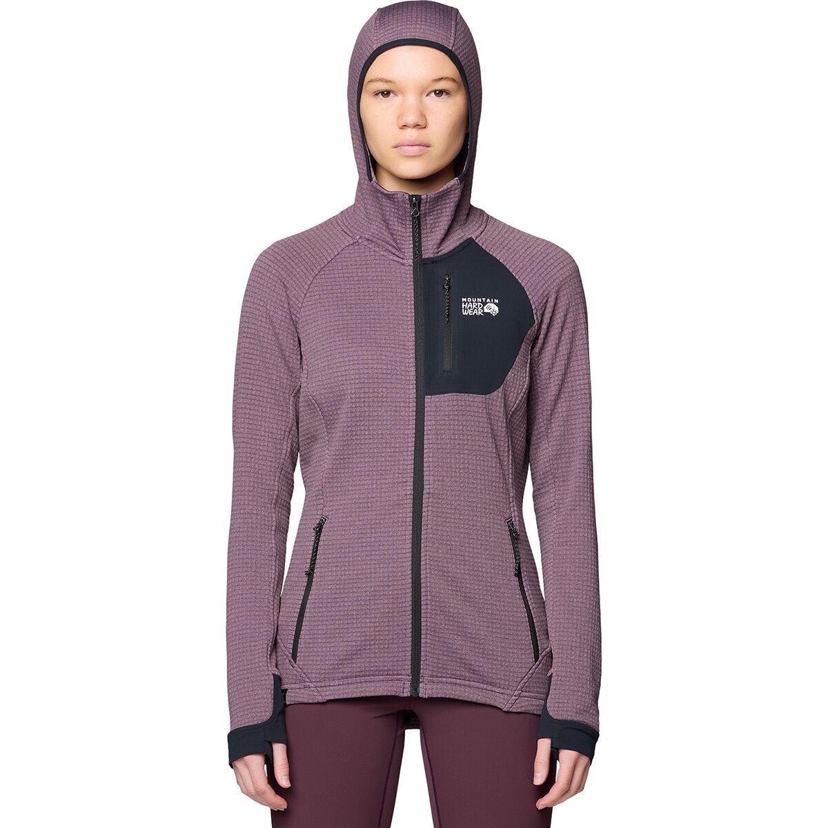 Image of Mountain Hardwear Polartec Power Grid Full-Zip Hooded Jacket - Women's Blackberry Heather/Black, L