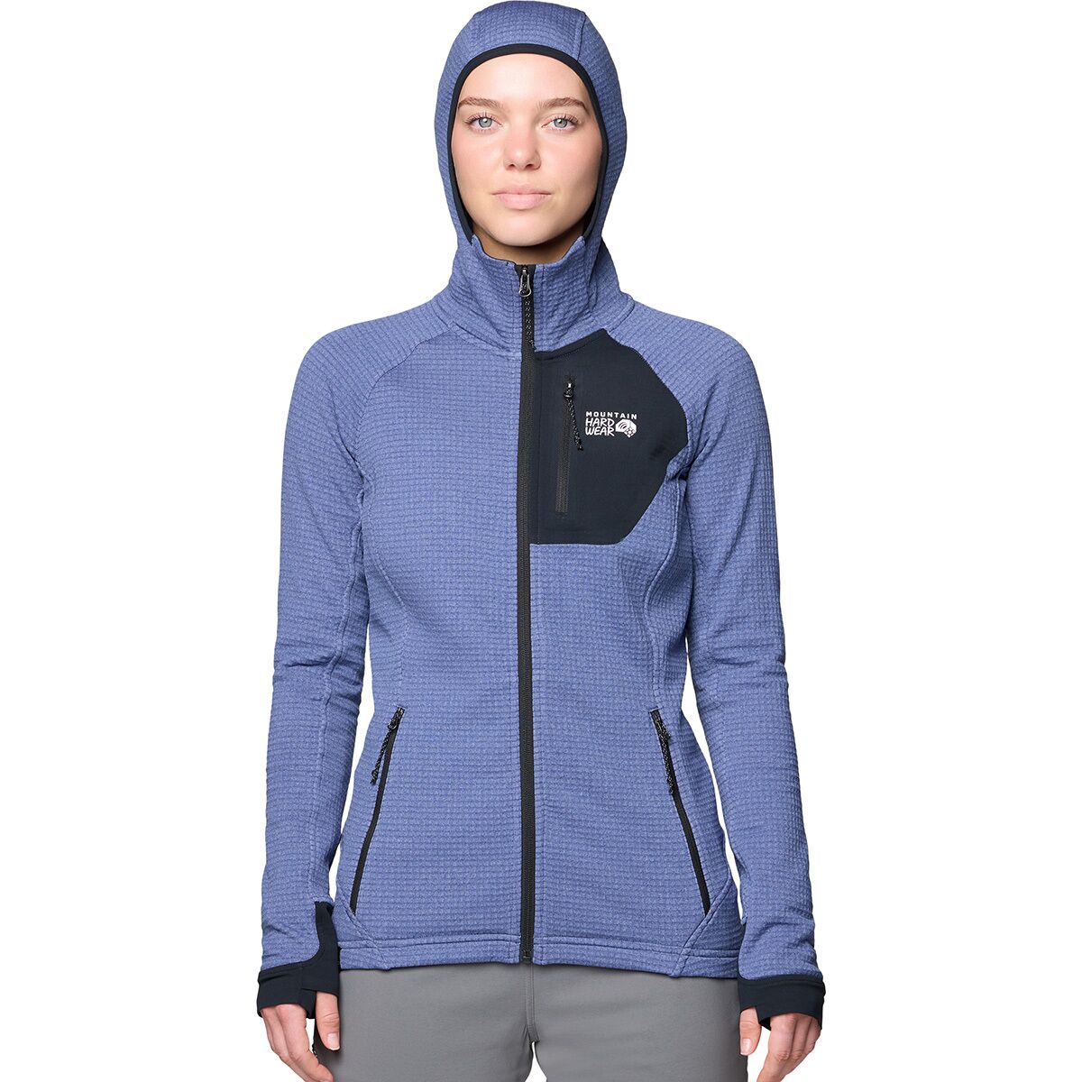 Image of Mountain Hardwear Polartec Power Grid Full-Zip Hooded Jacket - Women's Lapis Dusk Heather/Black, M