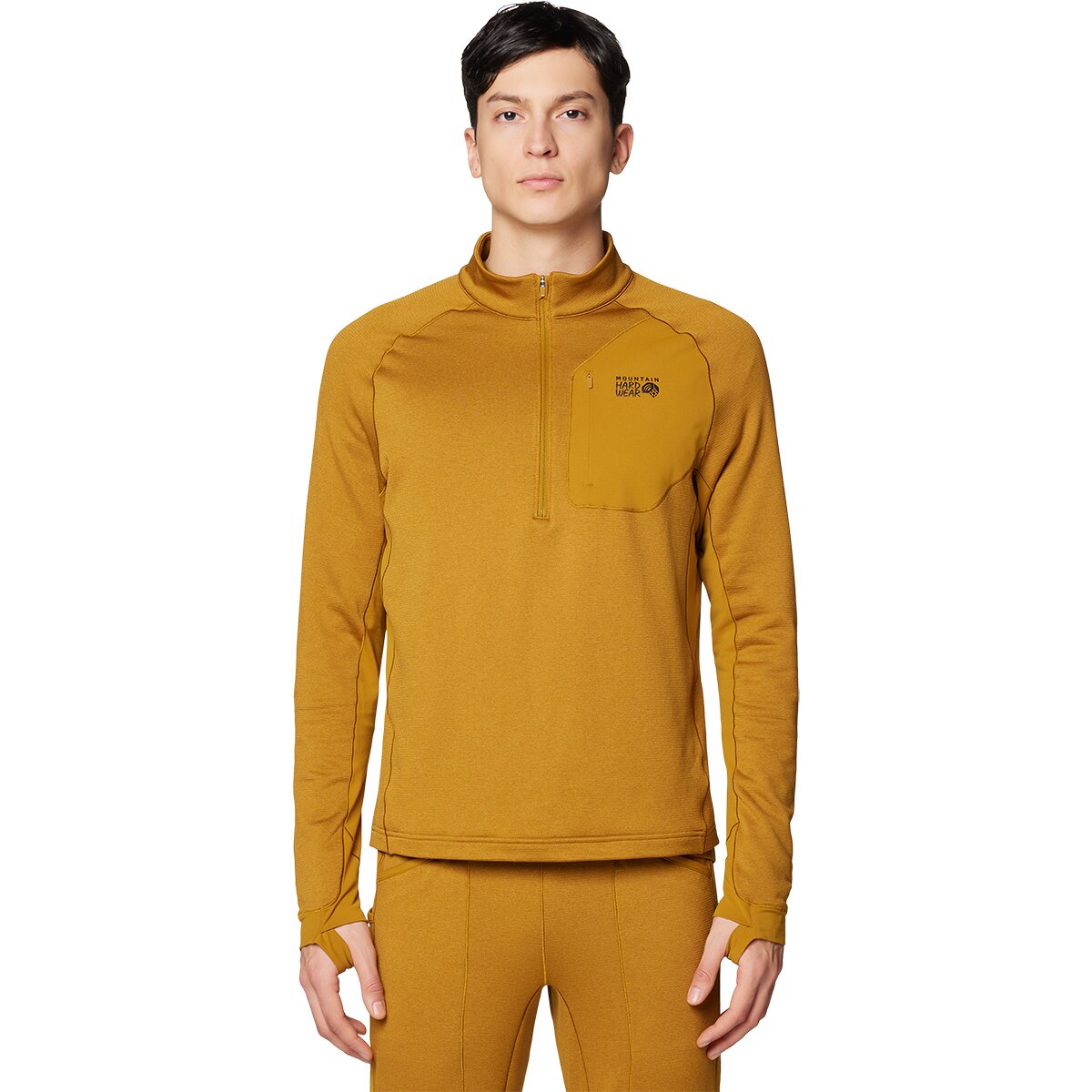 Image of Mountain Hardwear Up First Tech Fleece 1/4-Zip Pullover - Men's Olive Gold Heather/Black, L