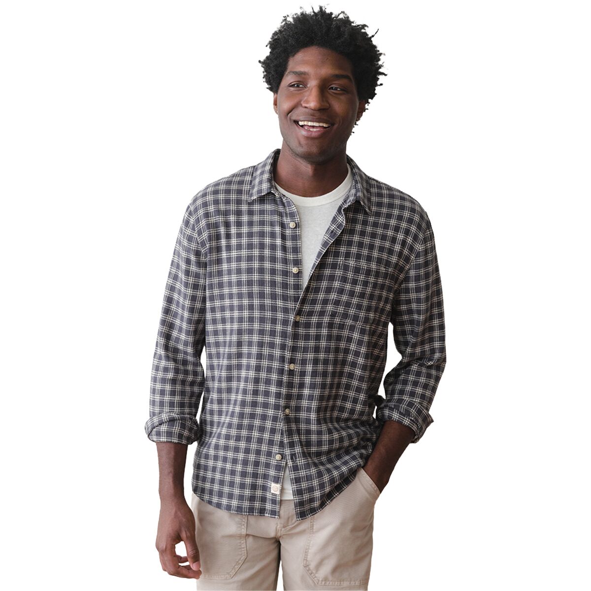Image of Marine Layer Simple Stripe Stretch Selvage Long-Sleeve Shirt - Men's Dark Plaid, M