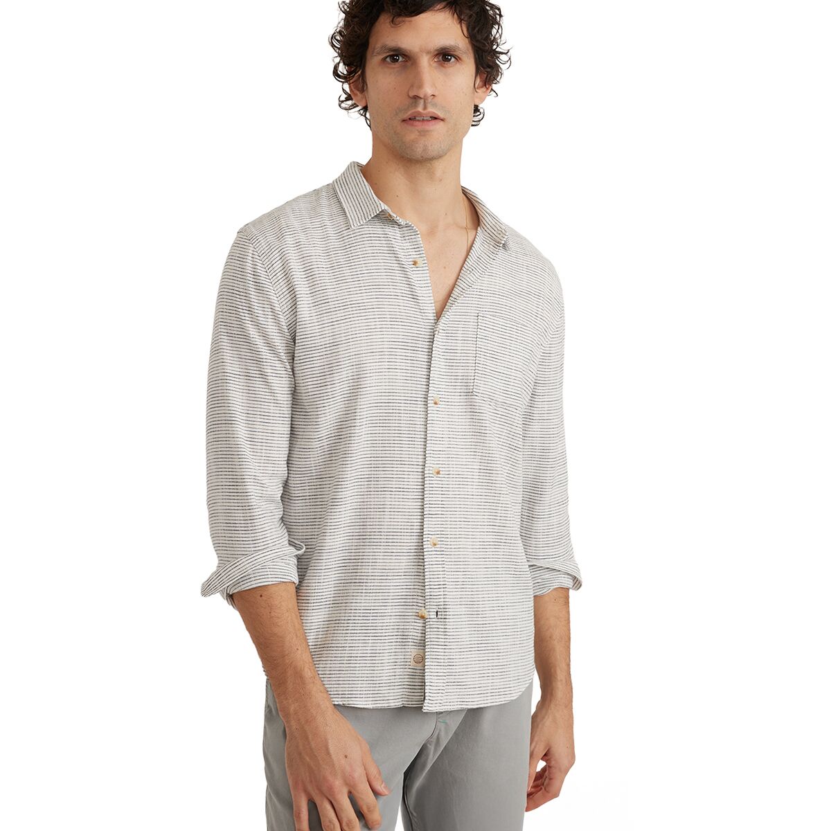 Image of Marine Layer Simple Stripe Stretch Selvage Long-Sleeve Shirt - Men's Natural/Black Stripe, XL