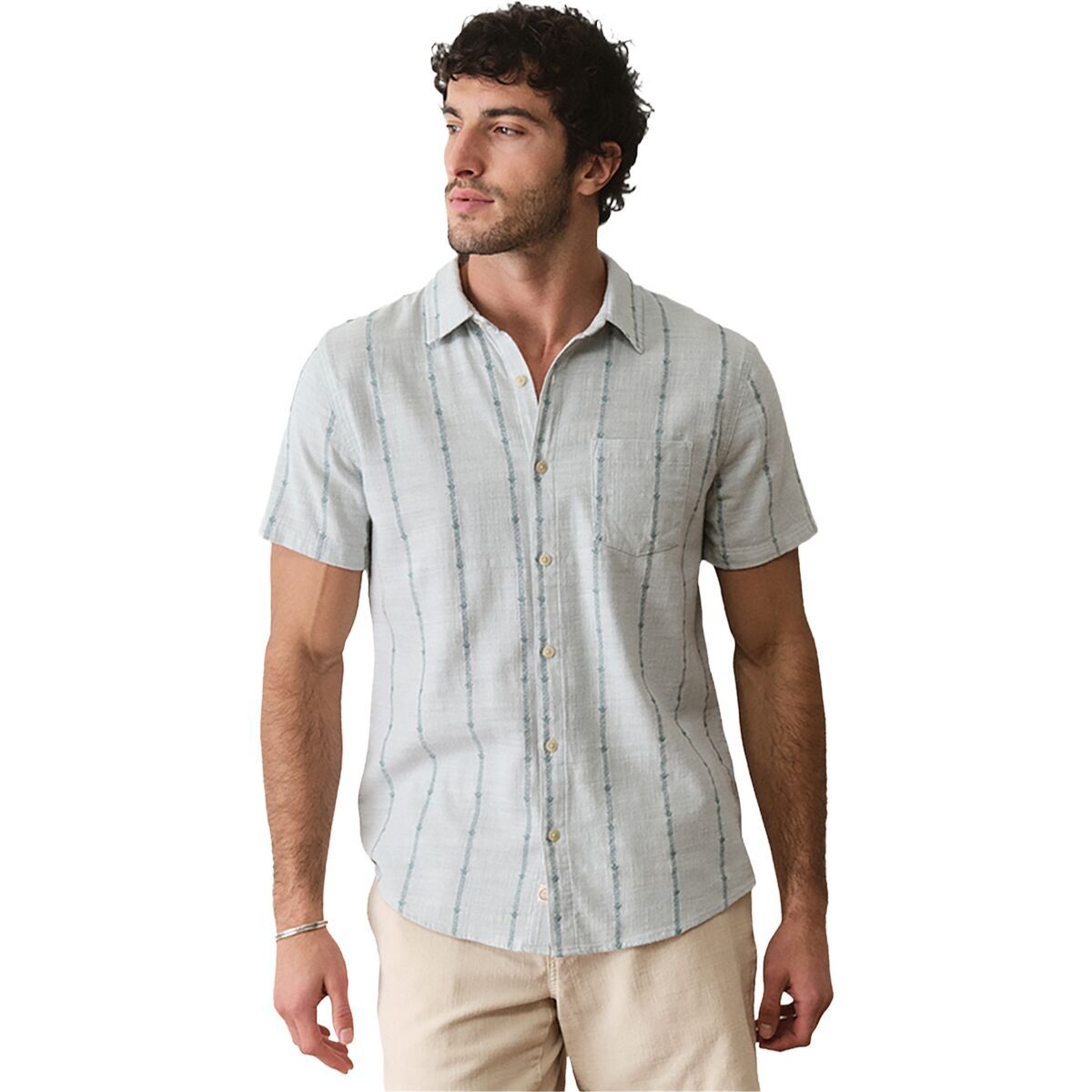 Image of Marine Layer Stretch Selvage Simple Stripe Shirt - Men's Blue Embroidery, M