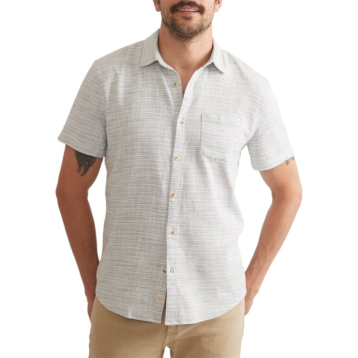Image of Marine Layer Stretch Selvage Simple Stripe Shirt - Men's Blue Mini Stripe, S