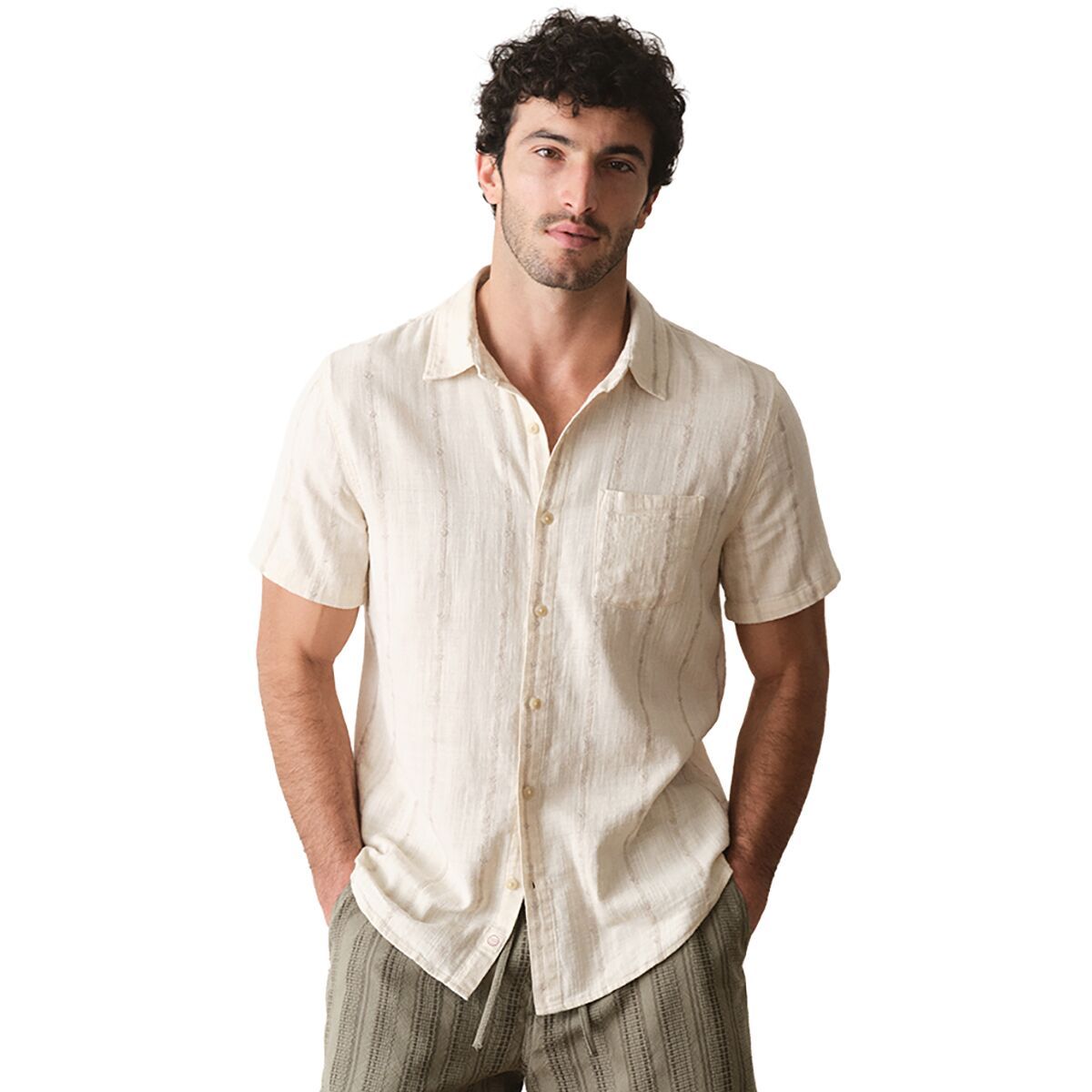 Image of Marine Layer Stretch Selvage Simple Stripe Shirt - Men's Cream Embroidery, S