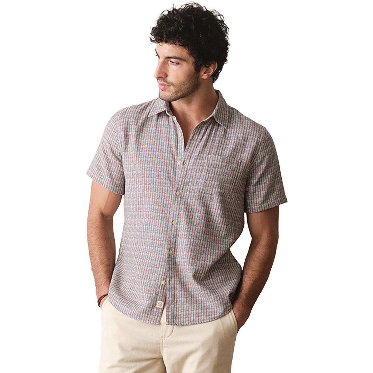 Image of Marine Layer Stretch Selvage Simple Stripe Shirt - Men's Green Matchstick Print, XL
