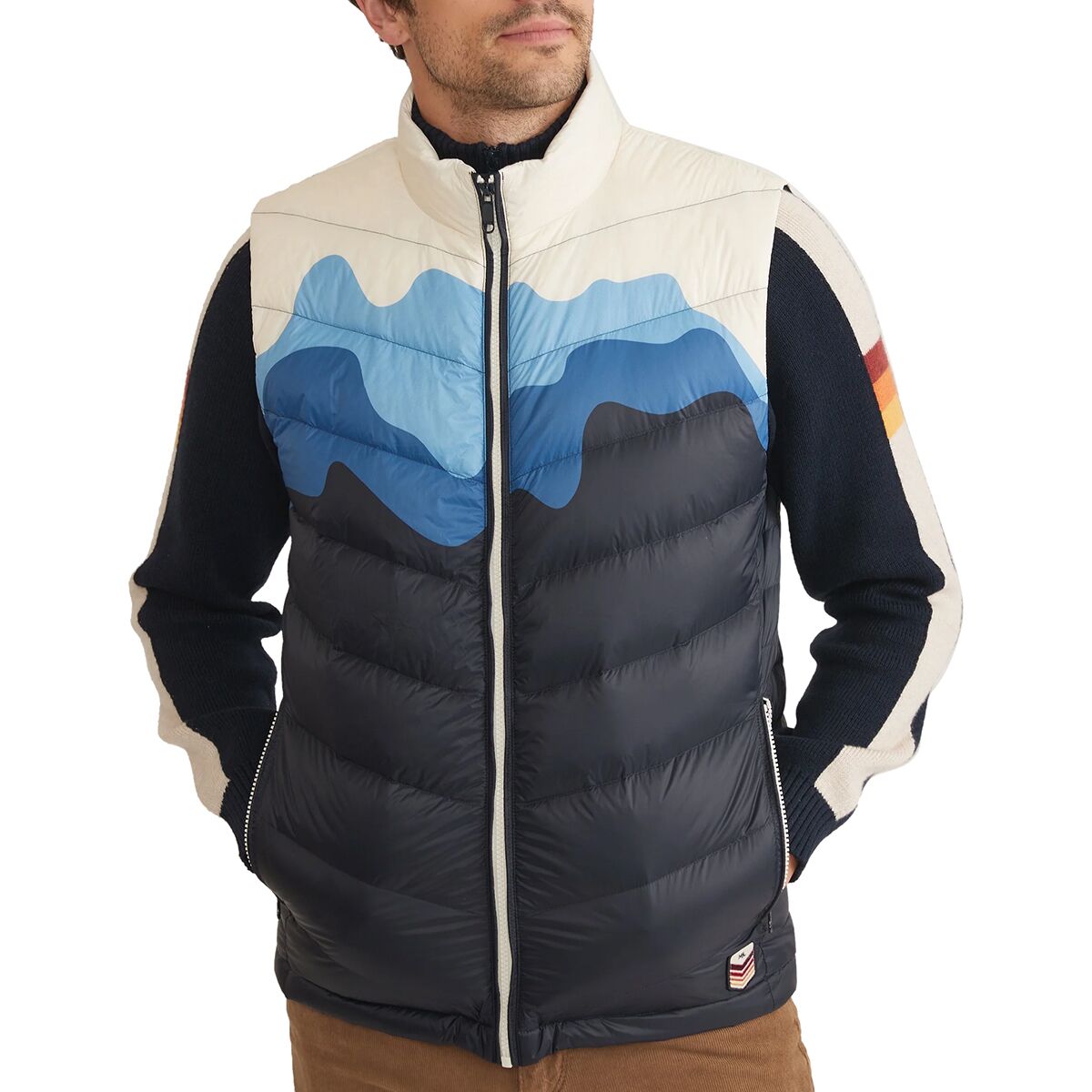 Image of Marine Layer Archive Scenic Puffer Vest - Men's Blue Mountain Scene, XL