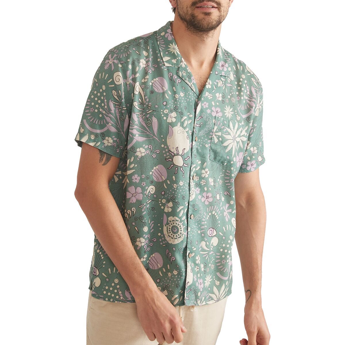 Image of Marine Layer Short-Sleeve Tencel Linen Resort Shirt - Men's Green Floral, XL